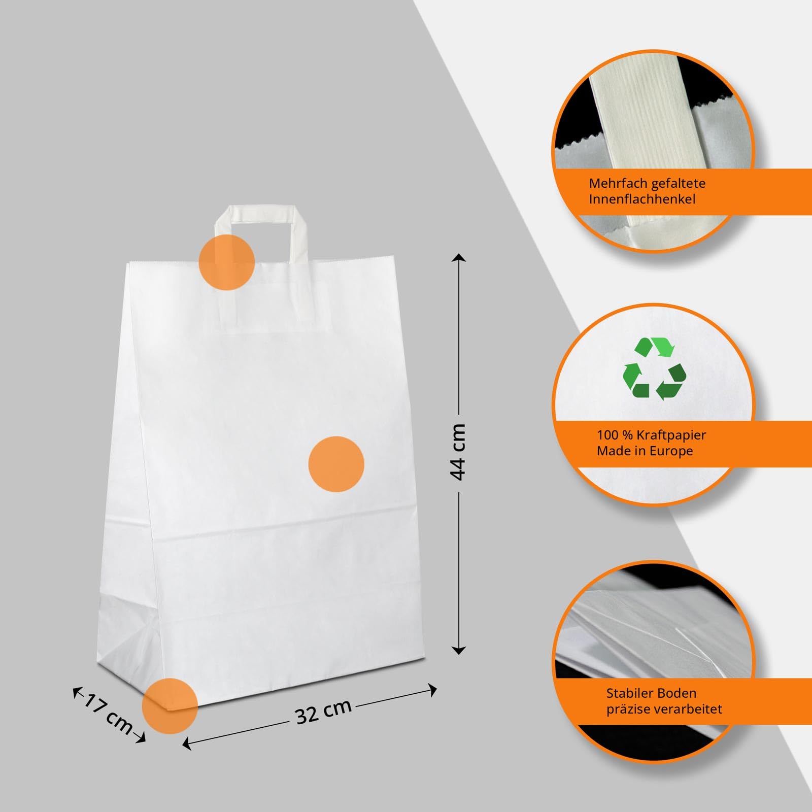 Papiertüten weiß mit Flach-Henkel I 100 STK. 32+17x44cm I Papiertragetasche für Einzelhandel, Hochzeit, Geburtstag, to-GO I Geschenktüten aus Kraftpapier I