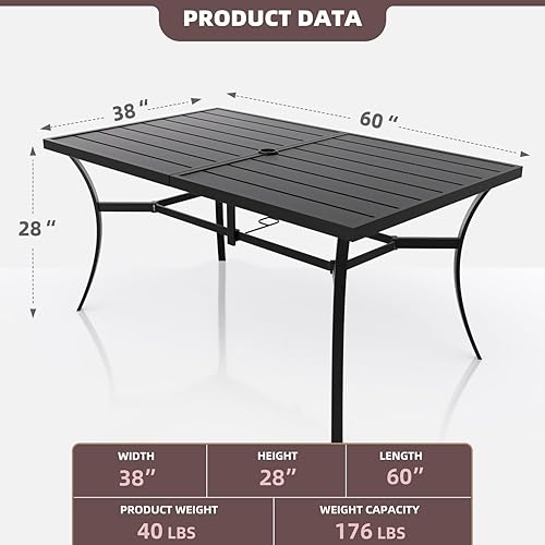 Miniatura 10 de Estante de malla con agujero para sombrilla de comedor, resistente a la intemperie, para uso al aire libre, mesa de metal rectangular para patio, 60