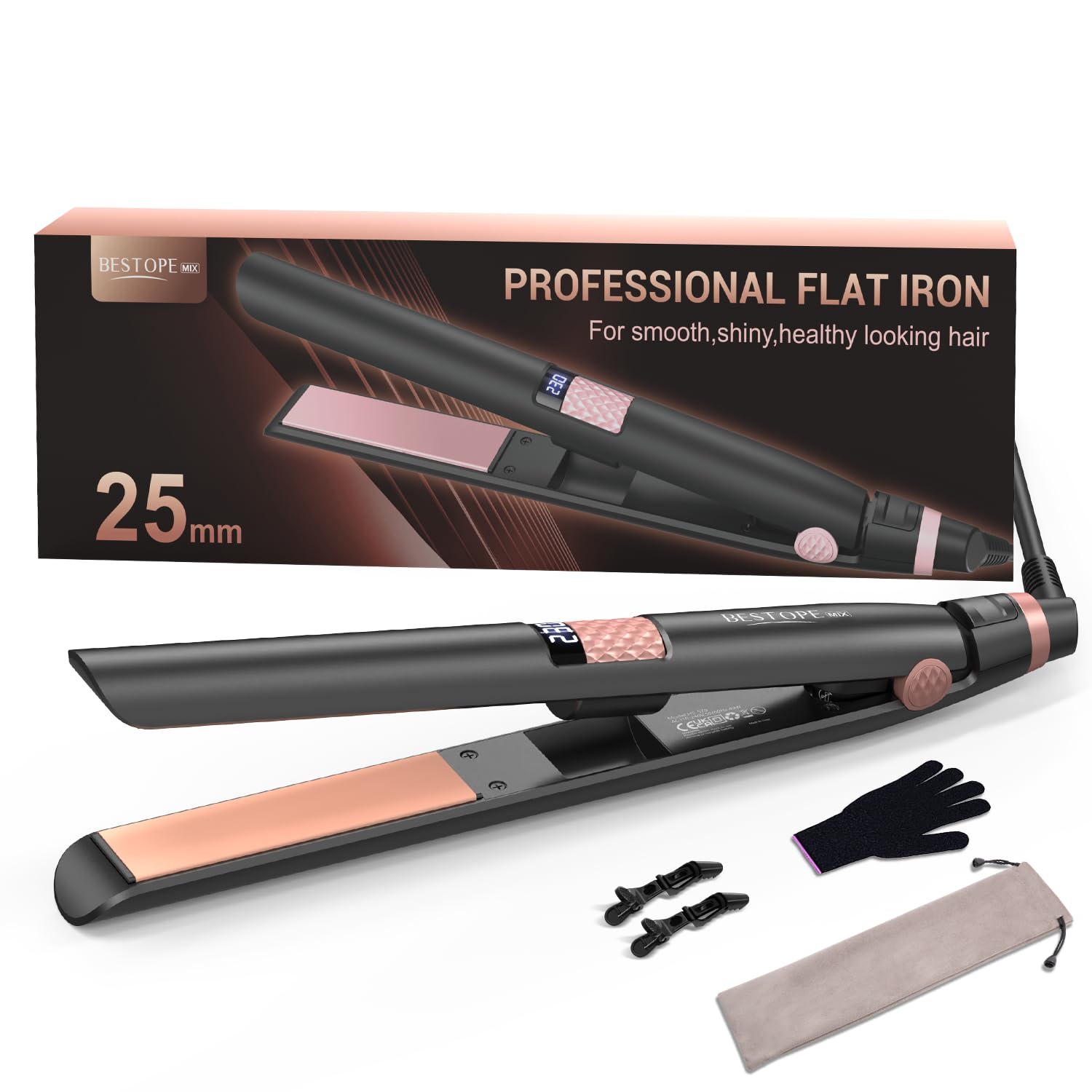 BESTOPE MIX Planchas del Pelo, 25MM Plancha de Pelo 2 en 1 Revestimiento Cerámico Pantalla LCD, Plancha Pelo Calentamiento Rápido Para Cabellos Gruesos, Encrespados y Largos, Placas Flotantes 80-230°C