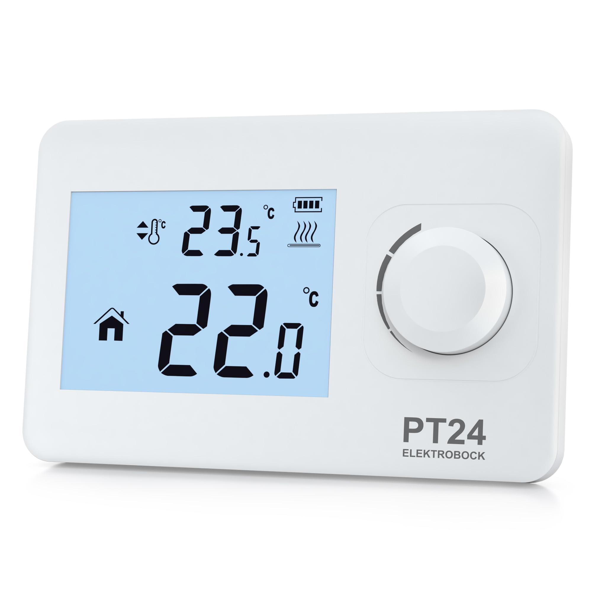 ELEKTROBOCK PT24 Raumthermostat mit LCD Display | Wandthermostat für alle Kesselarten geeignet | Batteriebetrieb (2X AAA) | Keine Programmierung notwendig | Frostschutz & Fenster-offen-Funktion