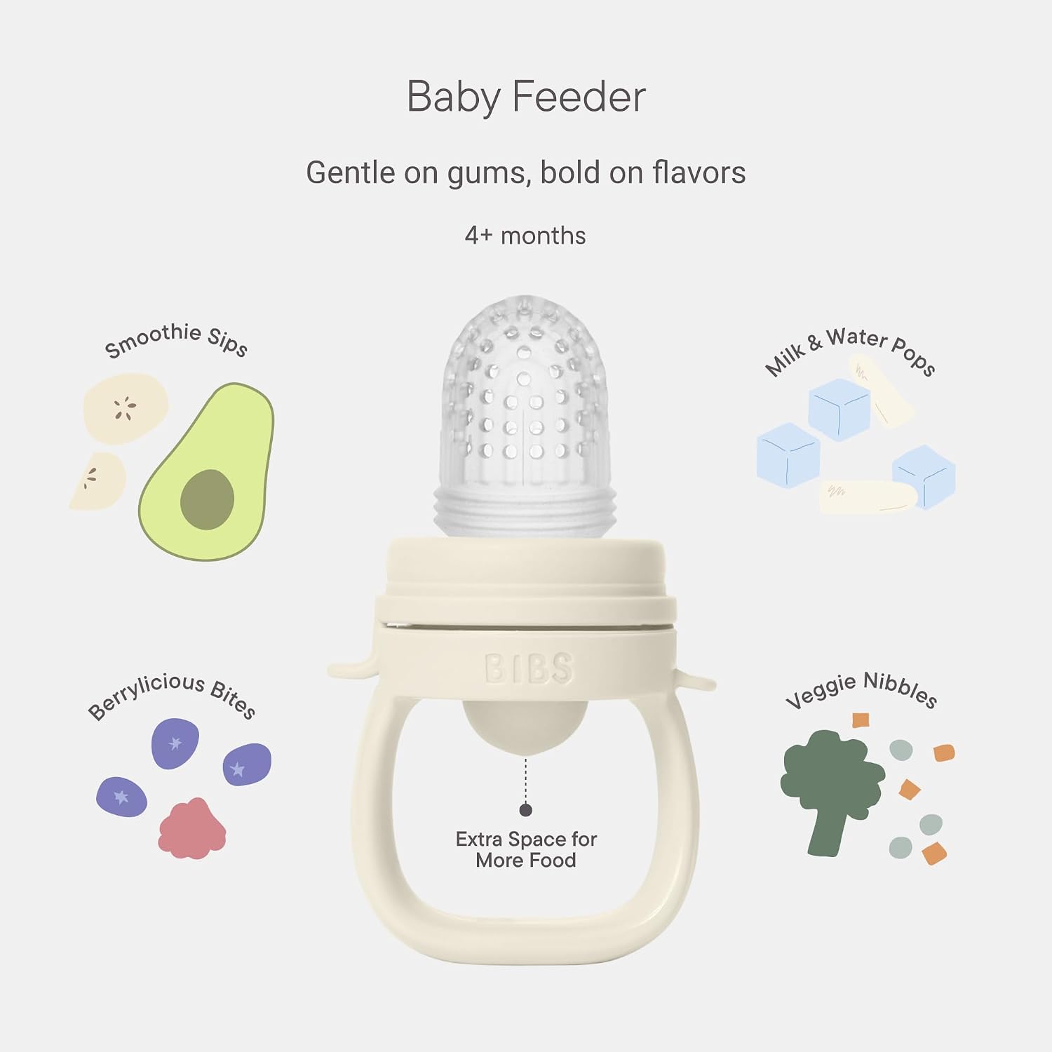 BIBS Baby Feeder with 2 Silicone Nipples, Compatible with Freezer Tray, Easy-Grip, BPA-Free - Ideal for Teething & Self-Feeding, 4+ Months - Blush