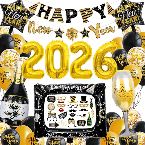 Silvester Deko 2026 XXL Dekoration Set, Neujahr Silvesterdeko, Happy New Year Girlande, Deko Silvester Party 2026 mit Luftballons Foto Requisite Party Deko Silvester Accessoire für Silvesterparty