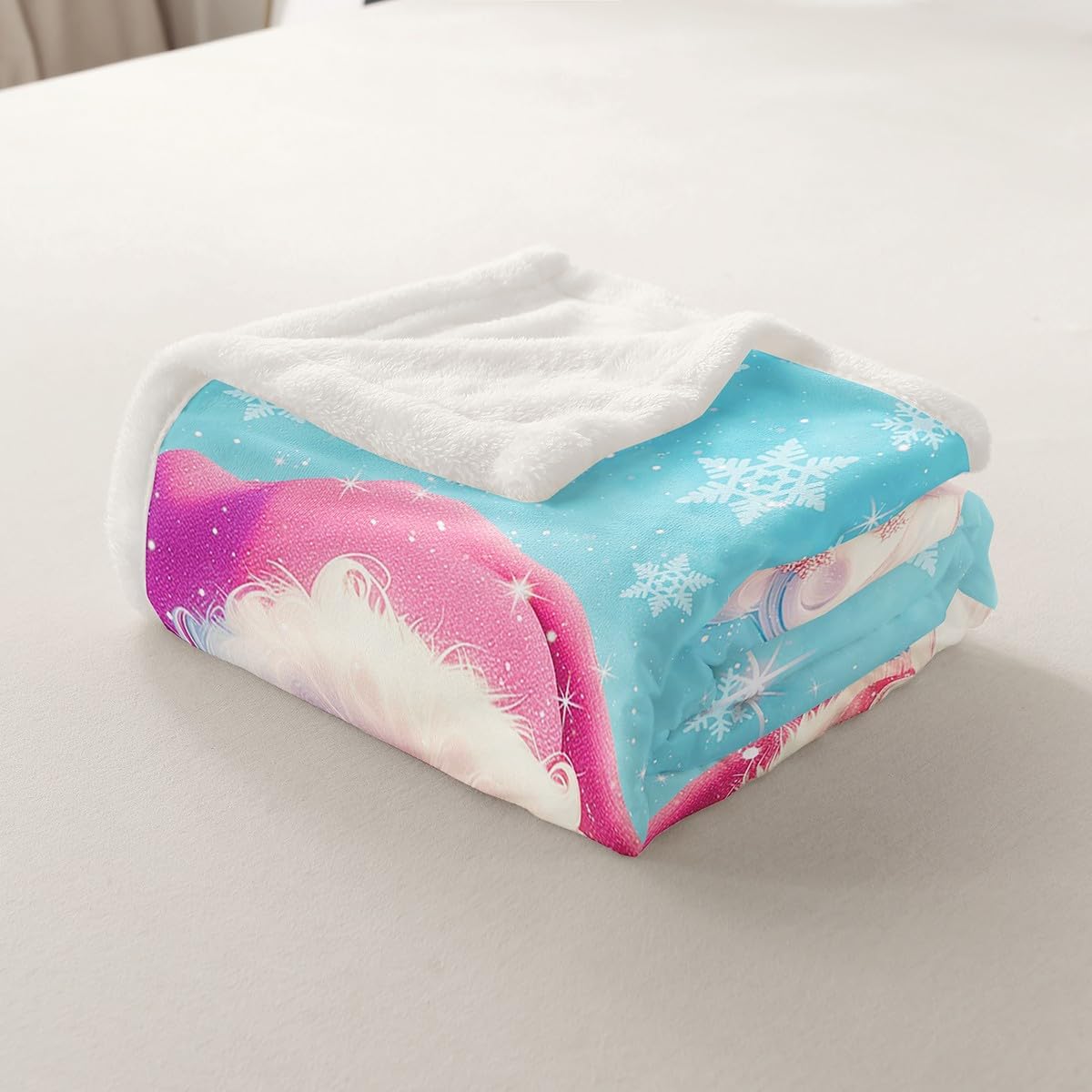 Feelyou Cute Christmas Santa Claus Sherpa Plush Blanket Blue White Snowflake Fleece Throw Blanket Merry Fuzzy for Kids Boys Girls Sofa Bed Couch 60"x80"