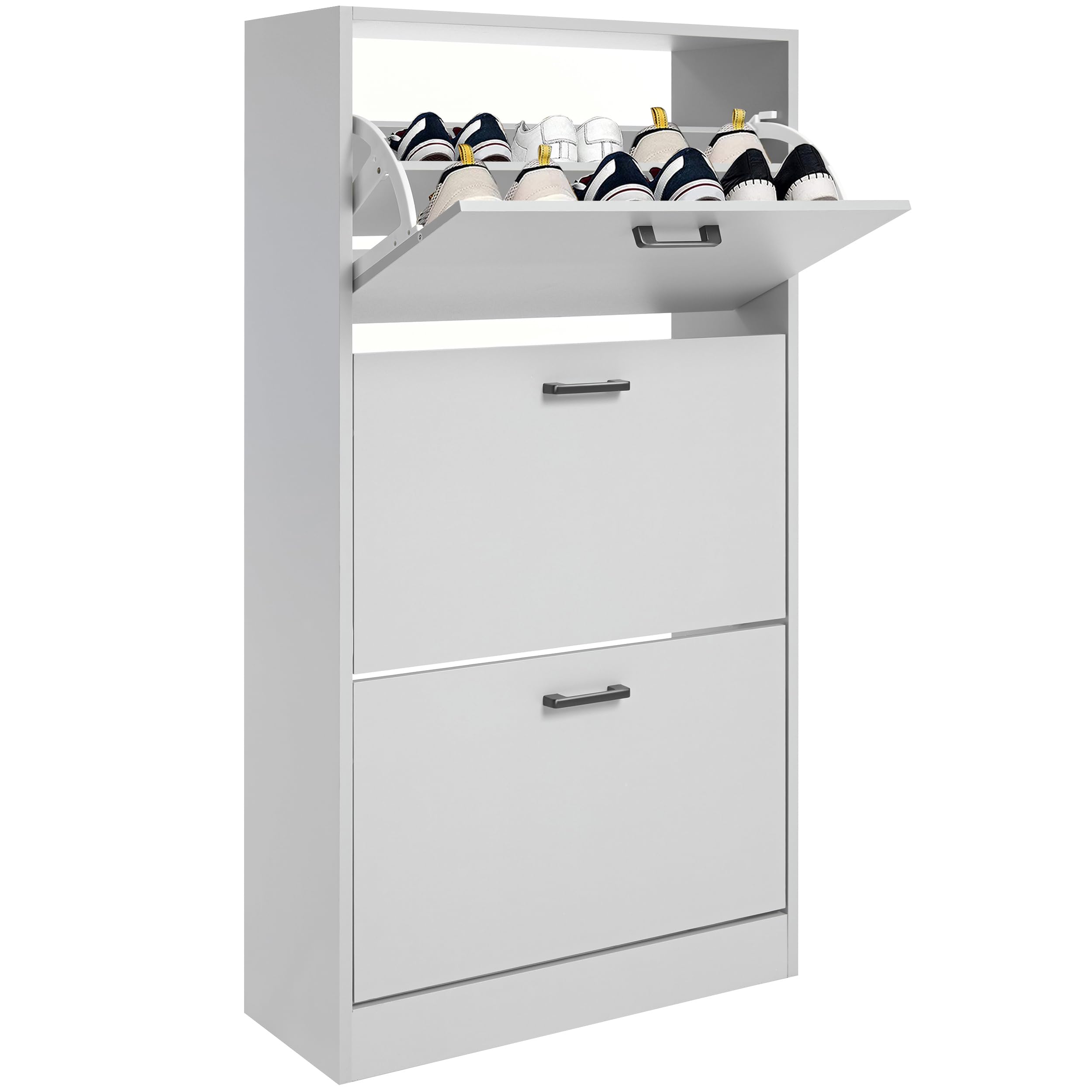 Blisswood 3 Drawer Shoe Cabinet Cupboard, Pull Down Shoe Storage Organiser Wooden Furniture Unit, 3 Tier Entryway Shoe Rack Cabinet Footwear Stand for Living Room Hallway Furniture (Light Grey)