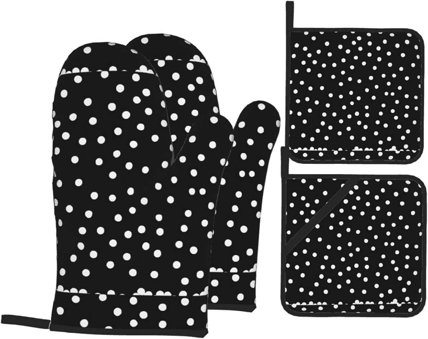 (Black White Polka Dots) Baking 4-Piece Set: 2 Oven Mitts and 2 Pot Holders Heat Resistant Waterproof Hanging Loop for Kitchen Oven Grill Housewarming Gifts