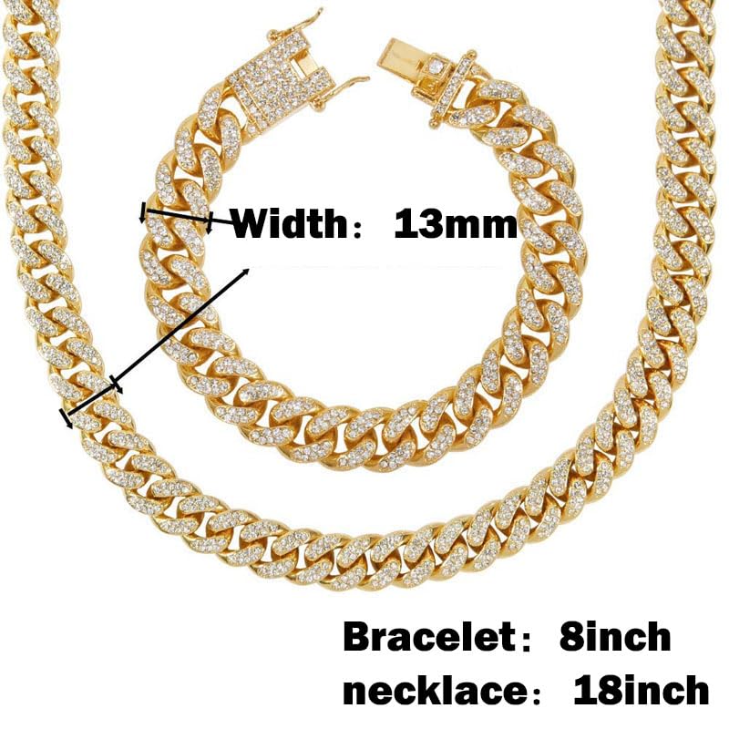 2 Pcs Cuban Link Chain for Men Women Fake Diamond Chain Necklace Silver Gold Iced Out Chain Miami Cuban Link Bracelet Men Hip Hop Jewelry Gift2
