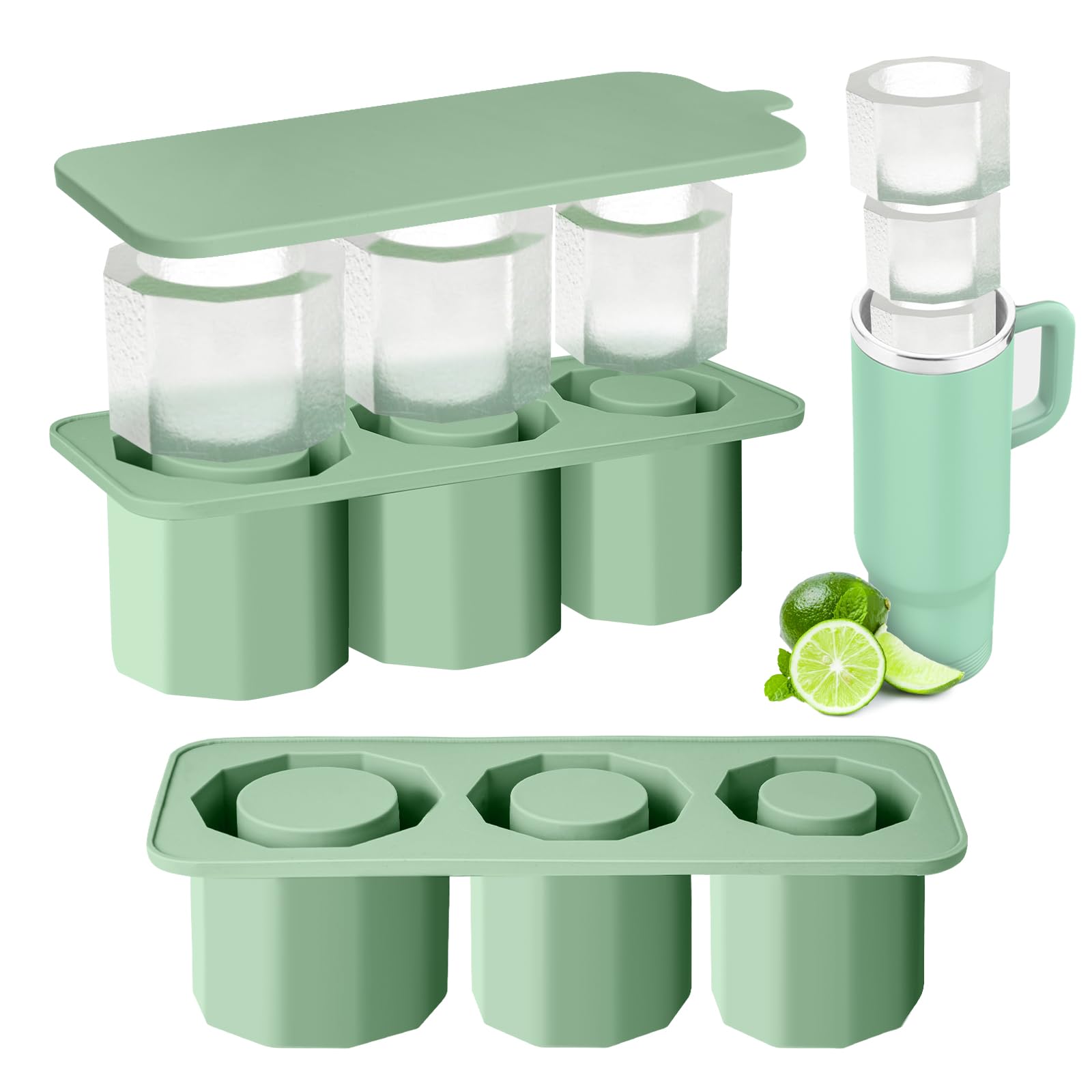 AUAUY Ice Cube Tray for Stanley Cup, Silicone Ice Mold with Lid, Reusable Ice Cube Moulds for 20/30/40 Oz Tumbler, 3 Hollow Cylindrical Ice Cube Maker for Chilling Drinks, Cocktails, Whiskey, Coffee