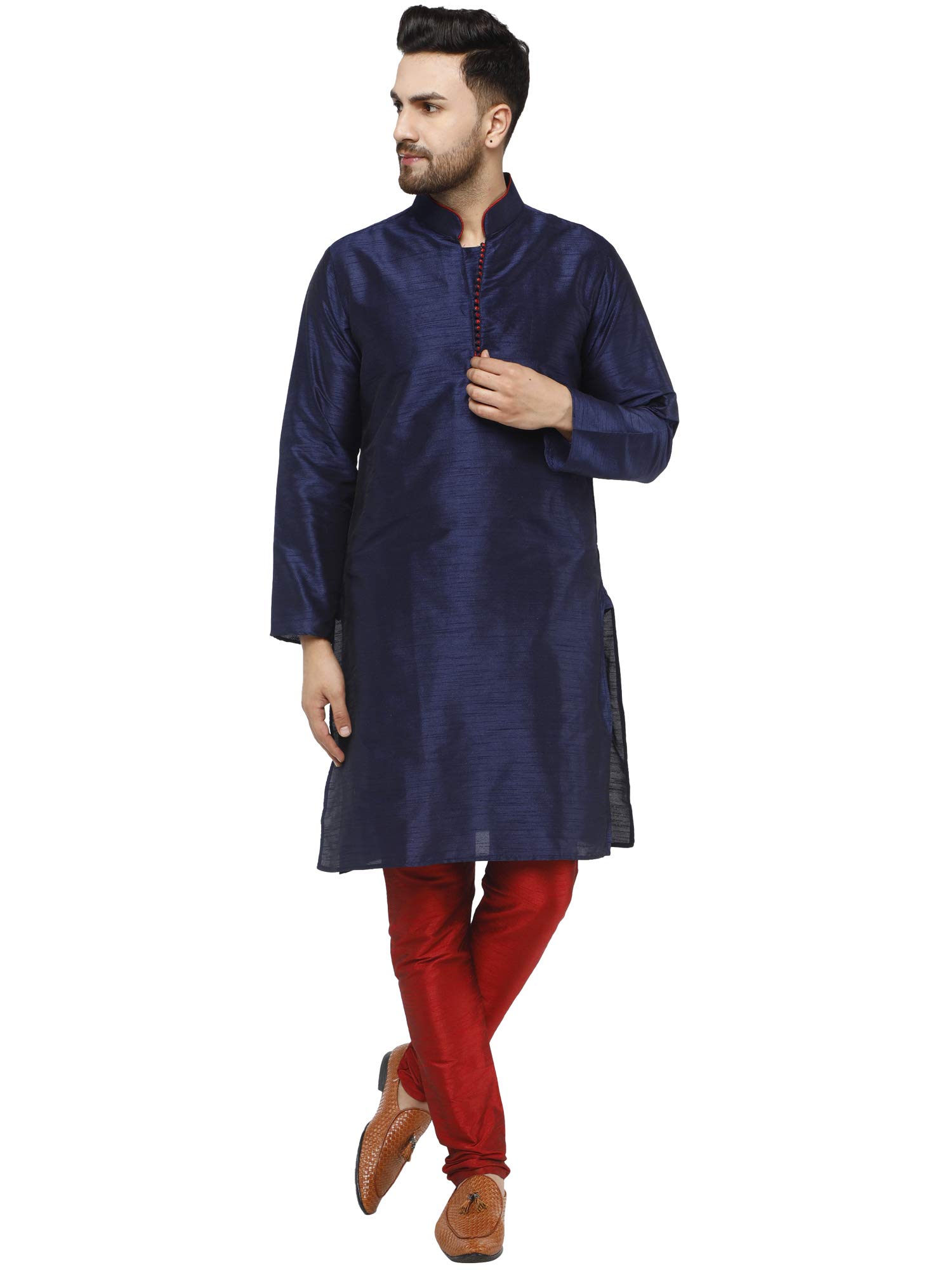 SKAVIJMen's Art Silk Self Design Kurta Pajama Mandarin Collar 2-Piece Ethnic Festive Dress