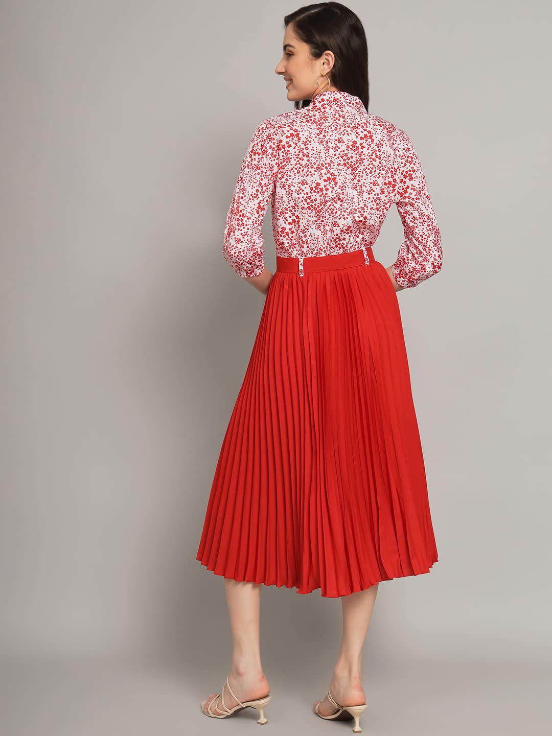 Kzully | Elegant A-Line Dress Collared V-Neck Top, Pleated Skirt With Elastic Waist, Includes Belt