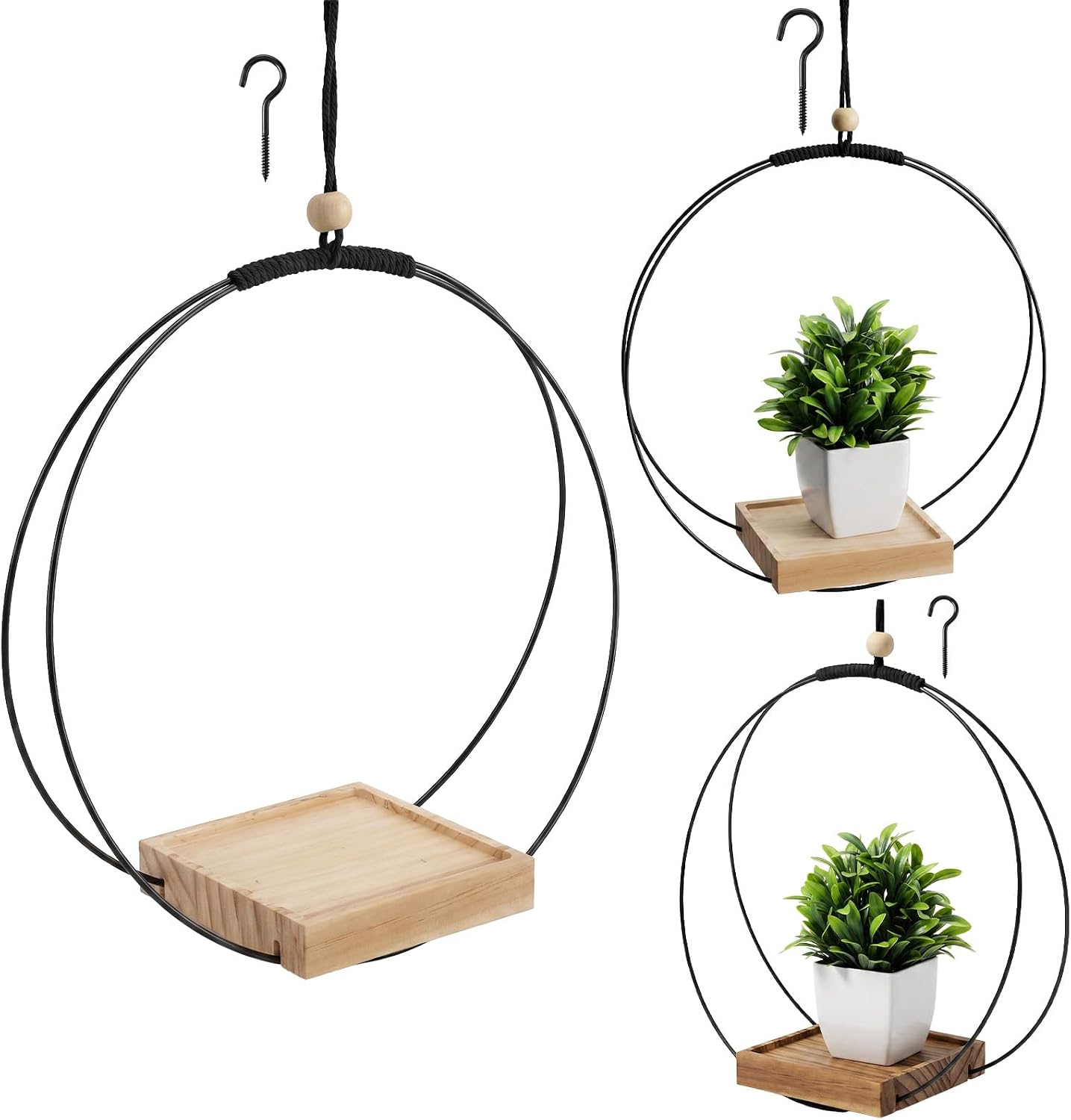 3 Packs Hanging Planters for Indoor Plants with Wood Base Plant Hanger Indoor Black Macrame Plant Hanger for 3 to 5.5 Inch Pot Hanging Planter for Window Wall Ceiling Home Decor