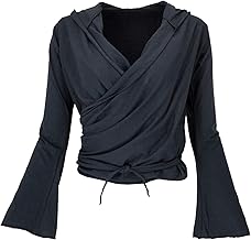 GURU SHOP Women's Cotton Wrap Top Yoga Shirt Long Sleeve Trumpet Sleeve Shirt