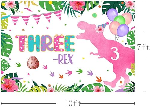 Miniatura 5 de Telón de fondo de cumpleaños de dinosaurio de tres rex, de 10 x 7 pies, para niña, feliz tercer cumpleaños, dinosaurio, huevo, globo, confeti, fondo