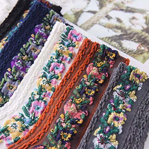 5 Pairs Women's Floral Design Vintage Crew Socks Ethnic Jacquard Knit Set, Red, Grey, Blue, White, Black3