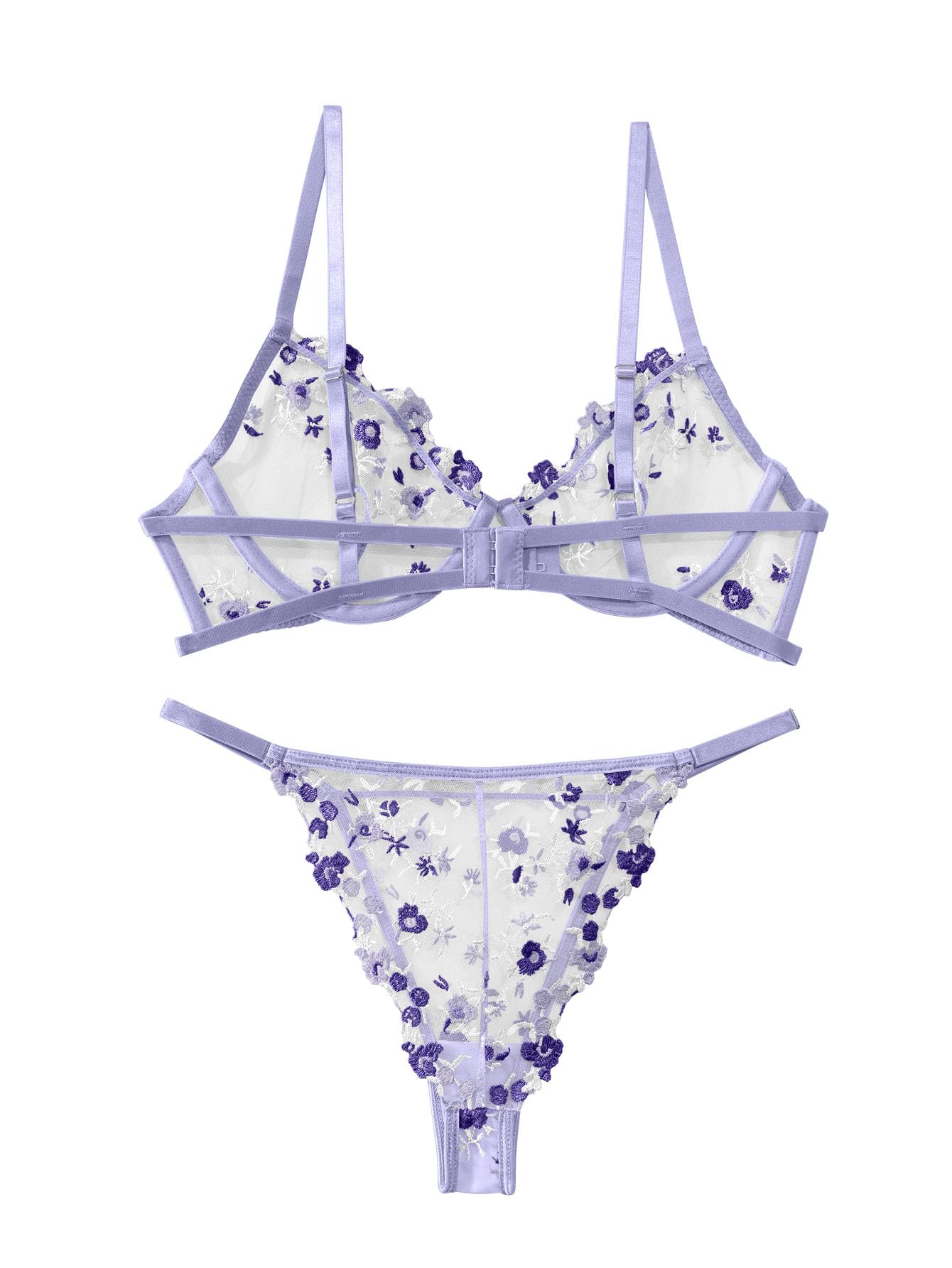 Lilosy Sexy Floral Embroidered Mesh Sheer Underwire Lingerie Set: Flower XX-Small Flower Light Purple