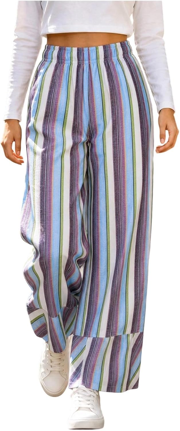 Womens Striped Wide Leg Palazzo Pants High Waisted Casual Pants