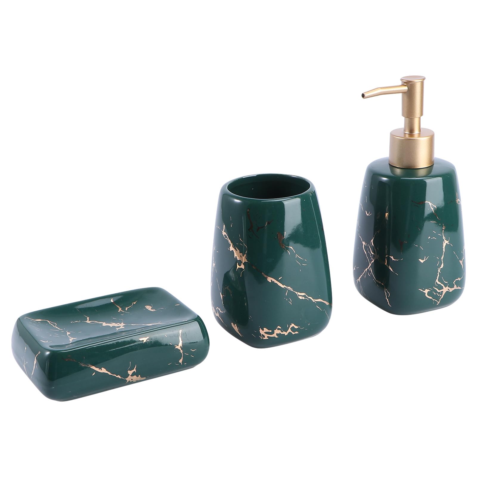 Generic Set 3 Pezzi Accessori Bagno in Marmo Verde Scuro Dispenser Sapone, Portaspazzolino e Vassoio Decorativo per Organizzazione e Igiene Quotidiana