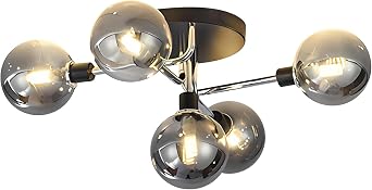 BOKT Sputnik Chandelier 5 Heads Semi Flush Mount Ceiling Light Smoked Glass Glob Pendant Lighting Fixtures for Kitchen Dining Room Living Room Bedroom Bulbs Included Smoke Gray Shade,Silver