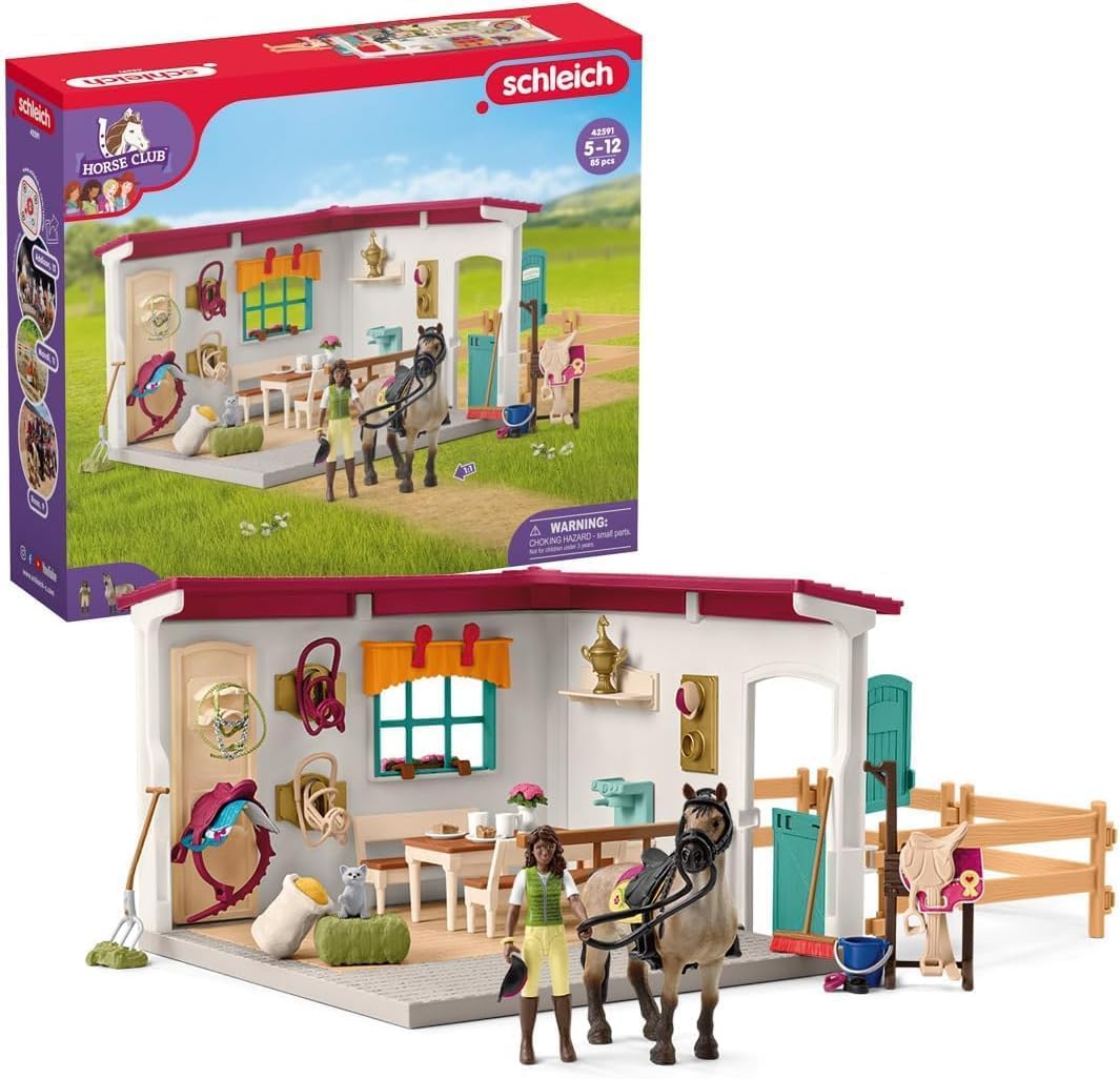 SchleichHorse Club - 85 PC Tack Room Stable Extension Toy Playset with Rider Sarah Action Figure, Horse Figurine and Accessories for Girls and Boys - Interactive, Realistic Kids Toys Ages 5+ | 42591