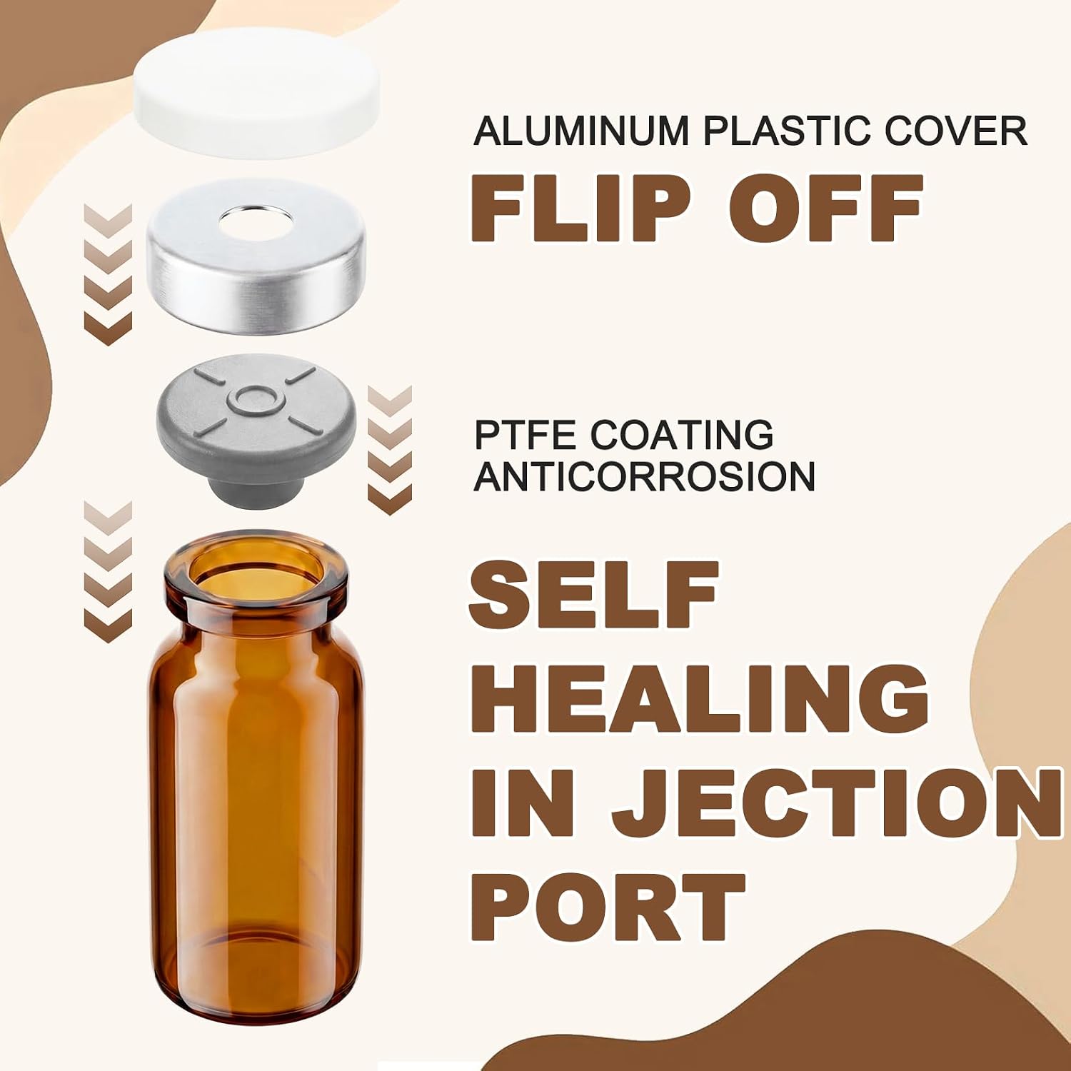 50 Pcs 10ml Sealed Empty Vials with Self Healing Injection Port Amber Clear Glass Empty Vials with Sealing Plastic Aluminum Flip Cap Injection Vial for Flat Bottom Lab(White Lid)