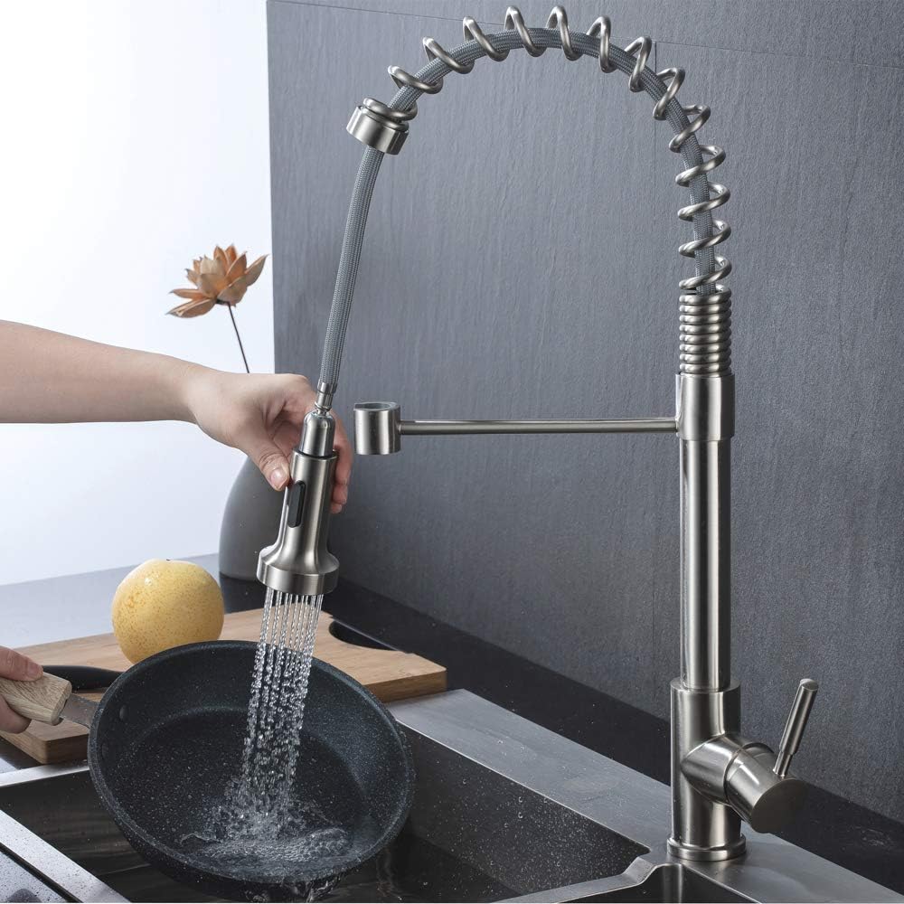 Kitchen Faucet, Kitchen Sink Faucet Single Handle High Arc Kitchen Faucets with Pull Down Sprayer Stainless Steel Brushed Nickel Spring Faucets for Kitchen Sinks Farmhouse rv Laundry