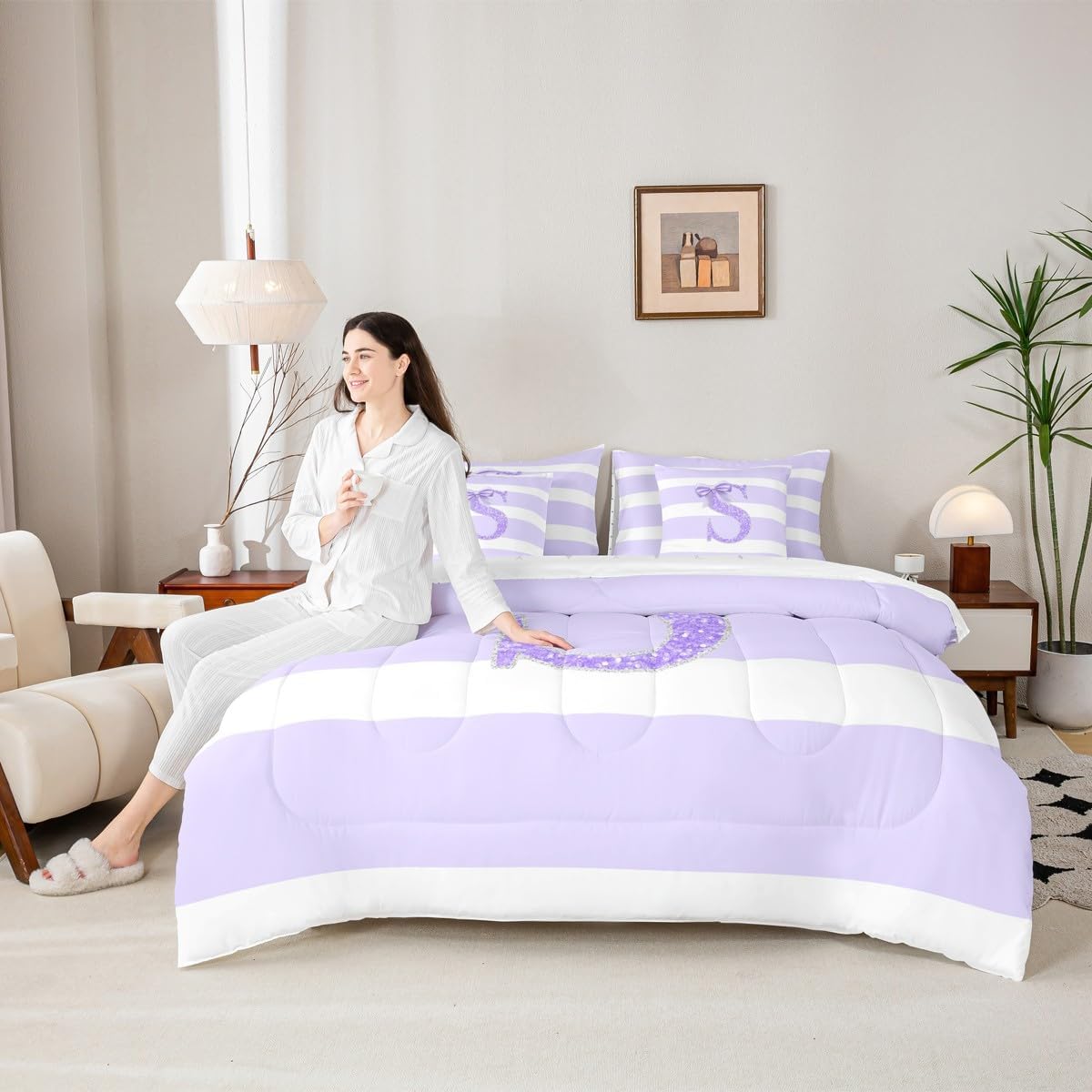 Erosebridal Monogram Letter S Queen Comforter Set for Kids Purple Bow 7 Piece Bedding Set Personalized Glitter Initial Bed in A Bag for Girls Teens Women Bedroom Modern Aesthetic Stripes Bed Sets