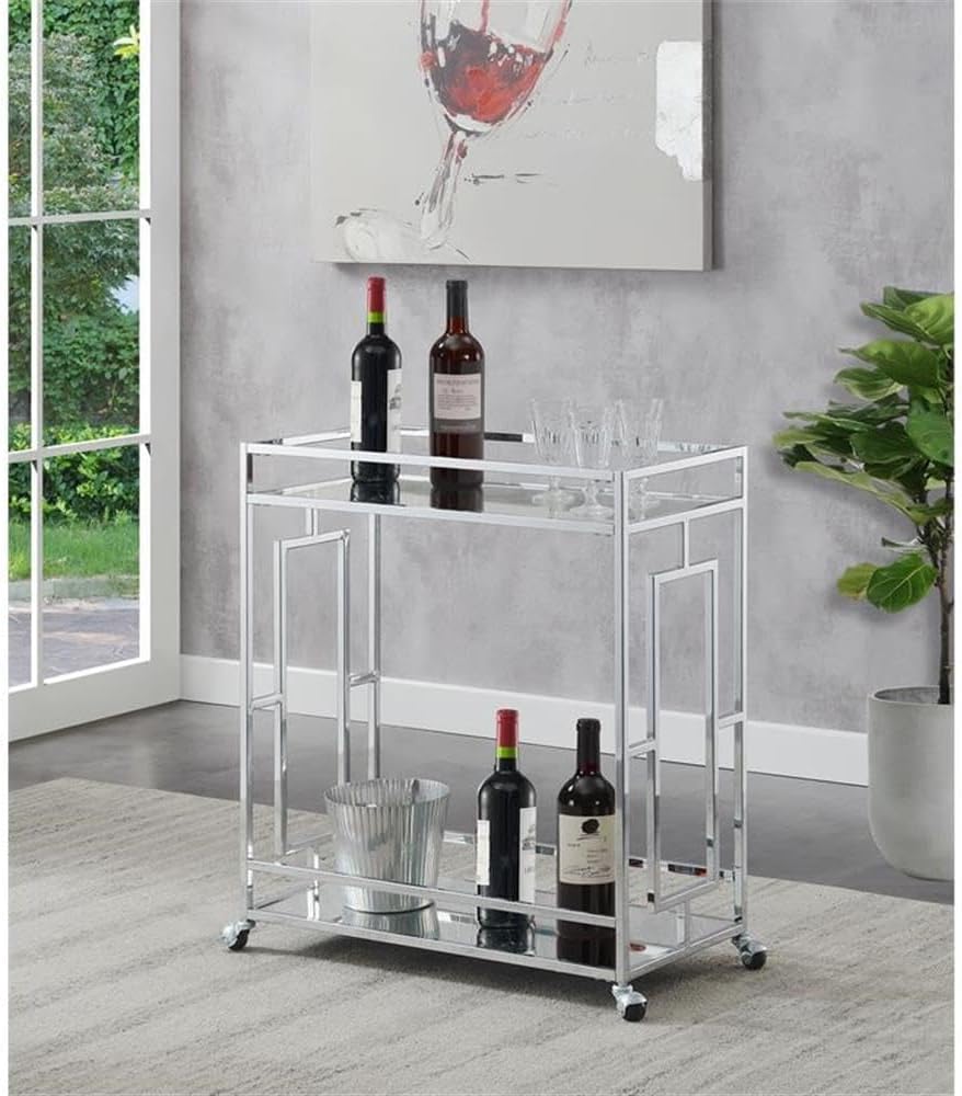 Pemberly Row Modern Bar Cart, Clear Glass and Mirrored Shelves, Chrome Metal Frame, Contemporary Glam Style, 14 x 29.25 x 32.75 in, Rolling Beverage Storage for Kitchen or Dining Room