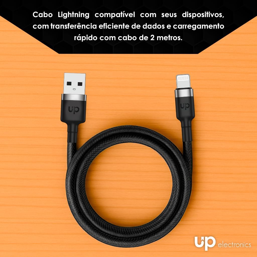 Cabo Lightning USB 2 Metros - UP Electronics, Carregamento Rápido, Acabamento Premium e Transferência de Dados – Preto