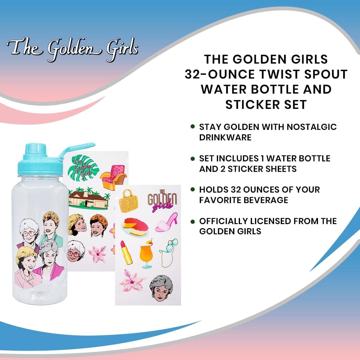 Silver Buffalo Golden Girls Group Twist Spout Plastic Water Bottle with Stickers You Stick Yourself, 32 Ounces