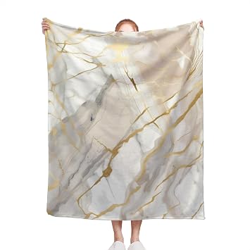 Soft Throw Blanket Marble Pattern Watercolor Print Beige Cream Tan White and Gold Abstract Watercolor Stone Print Design Lightweight Blanket for Beds, Sofas & Couches - All Seasons Home Decor