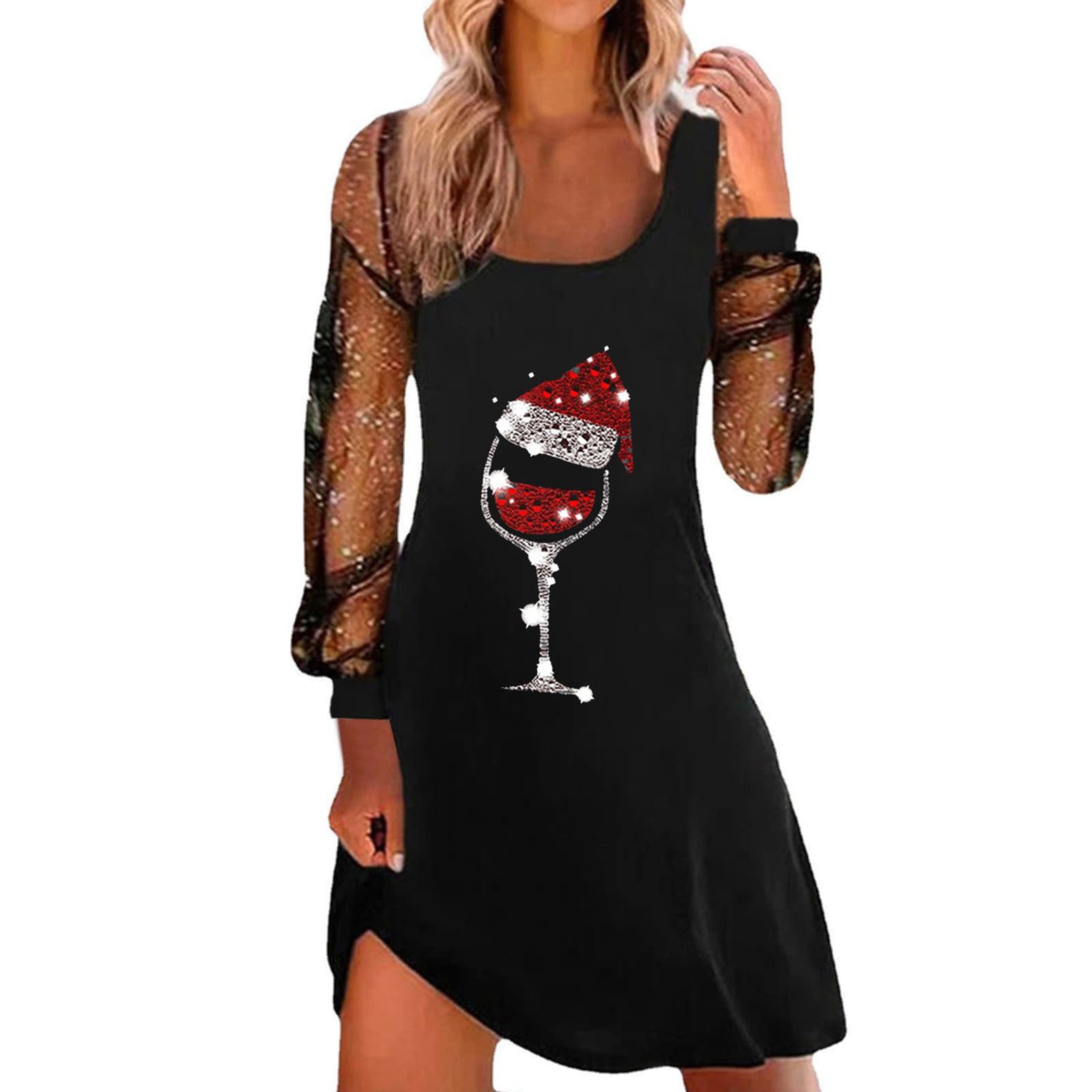 Women Christmas Dresses UK Sexy Spaghetti Strap Tank Dress with Mesh Long Sleeve Santa Xmas Dresses Plus Size Women's Soft Santa Costume for Chirstmas Party Prom