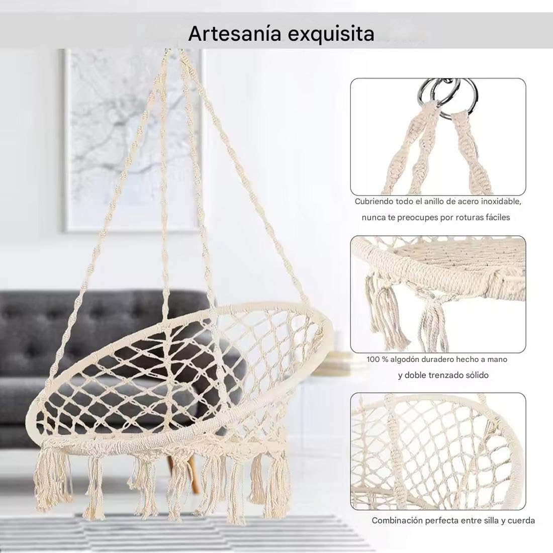 Panda Home Silla Colgante Exterior con Flecos, Ø80cm X 120Cm,Silla Columpio para Interior y Exterior, Beige