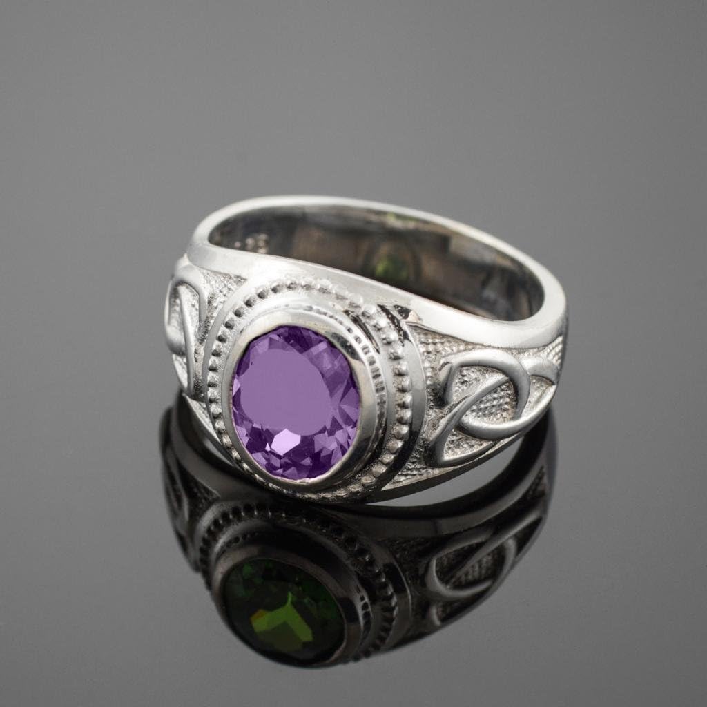 Men's 925 Silver Trinity Knot Band February Birthstone CZ Celtic Cross Ring