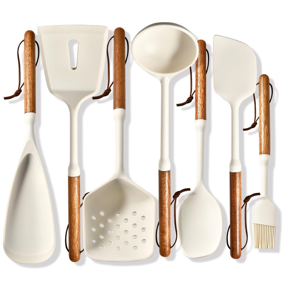 Cooking Utensils Set, 7PCS Silicone Heat-Resistant Kitchen Utensils Set with Wood Handles, Food-Grade Silicone Kitchen Utensil Accessories - Includes Spatula & Spoon for Non-Stick Cookware