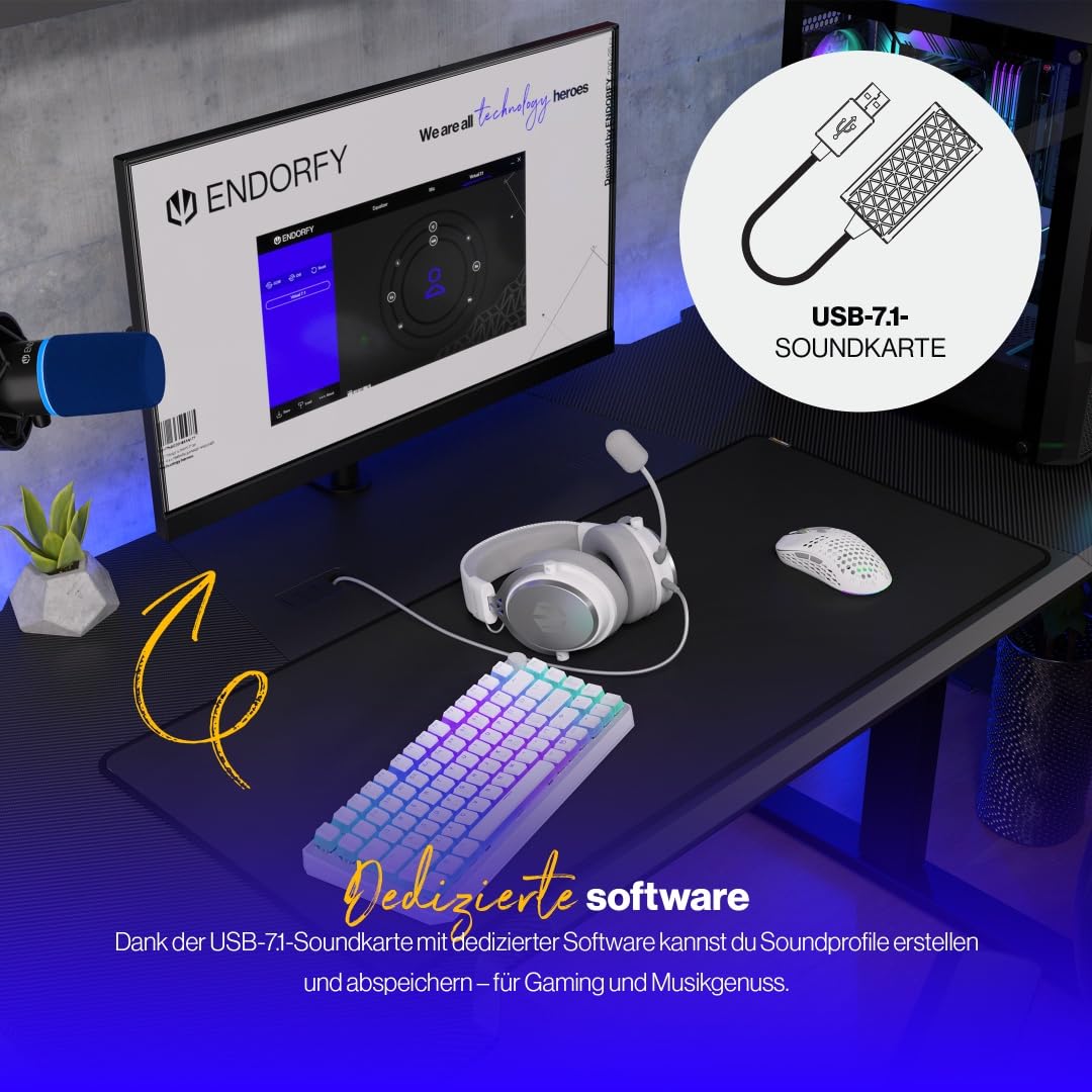 ENDORFY Viro Plus USB Onyx White Gaming Headset 7.1 mit Mikrofon, 53 mm Treiber, USB und 3,5 mm Klinke, Memory Foam, Headset für PC PS5 Xbox Switch, weiß