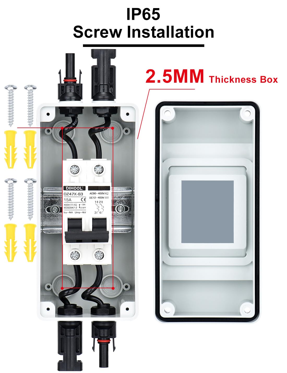 DC Trennschalter PV Anlage Leitungsschutzschalter Sicherungsautomat 2 Polig 15A 12V (12V-400V) Mit Kabel Solarstecker IP65 Wasserdicht Gehäuse