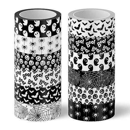 Whaline 12 Rolls Halloween Washi Tape 12 Design Black White Washi Masking Tape Pumpkin Ghost Bat Spider Pattern Decorative Paper Adhesive Stickers for Scrapbook Gift Wrapping DIY Art Crafts, 16.4Ft