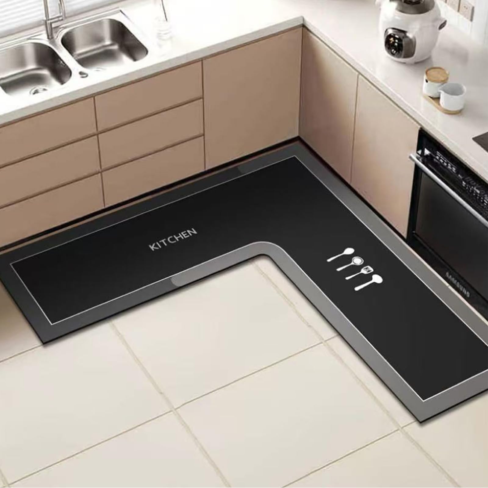 Jyswx L-Shaped Kitchen Rug Mat - Non Slip Diatomite Kitchen Floor Mat - Quick Dry Absorbent Corner Kitchen Runner for Sink Area, Bathroom, Laundry Room & Hallway, Washable, Black, 60x60x30cm — image 1