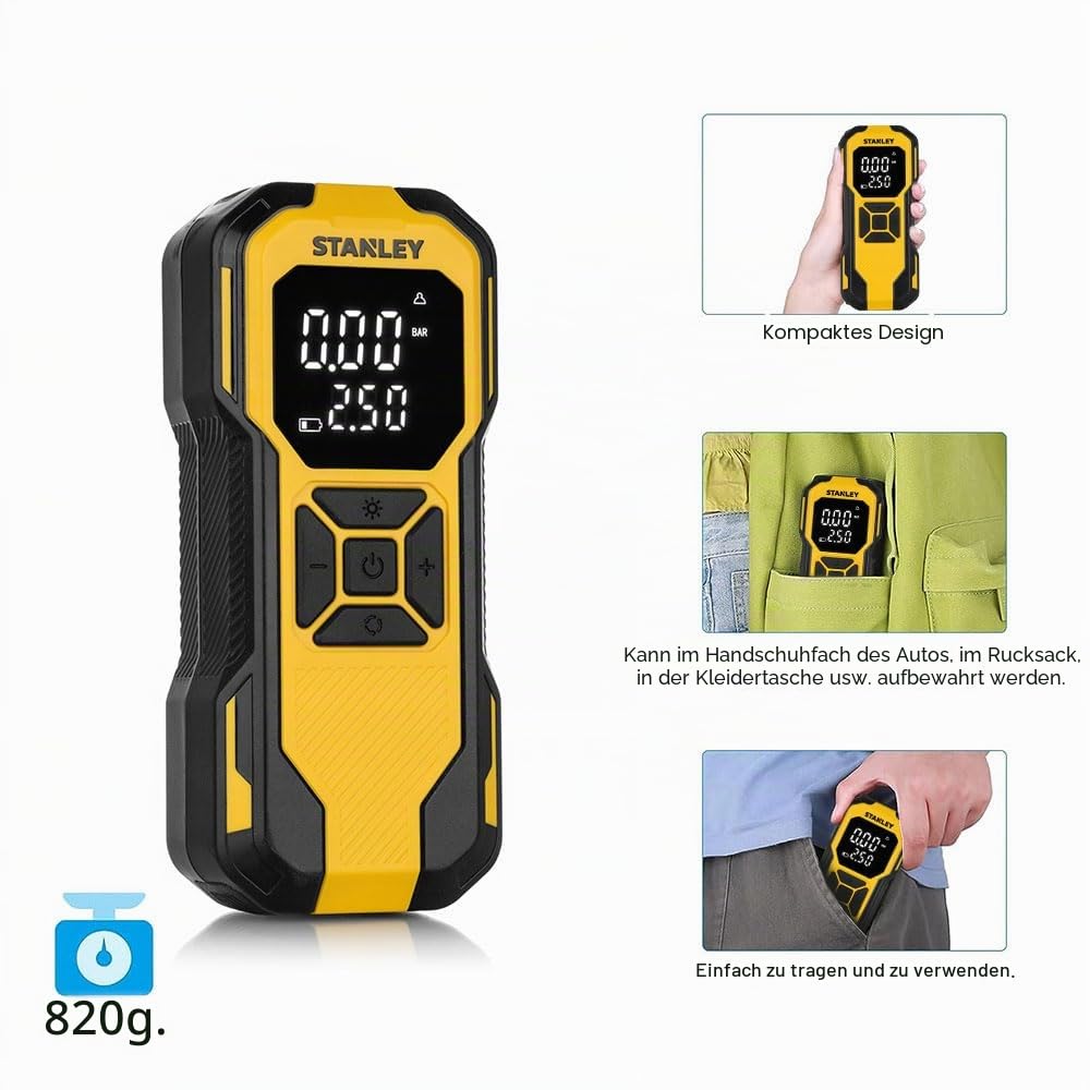 Stanley SXIF0101 12V / Wiederaufladbare Li-ion 150 PSI Intelligente Reifenfüllpumpe mit Digitalanzeige + Powerbank + SOS + Led Lampe