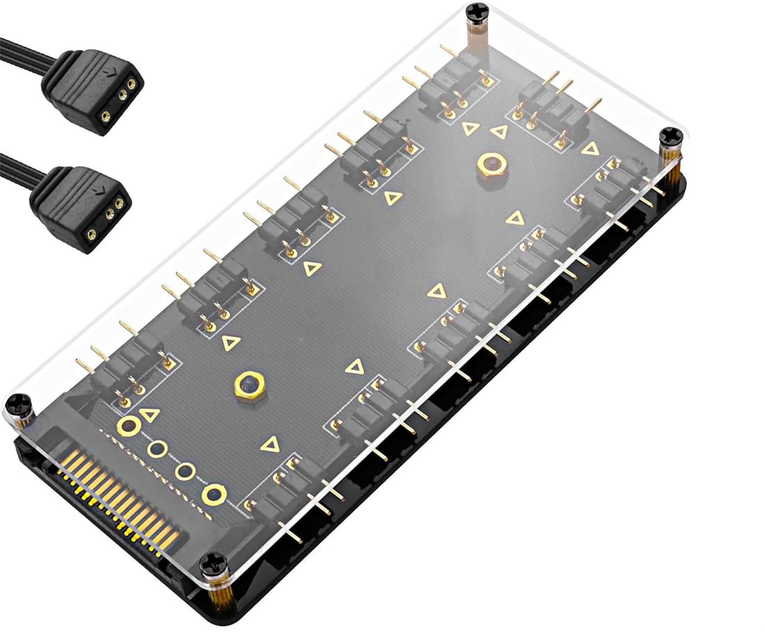 KWSLIN 5V 3 Pin ARGB Splitter Hub, 1 to 10 Way LED Fan Hub Controller with 52 cm Extension Cord for ASUS Aura SYNC RGB 10 SATA LED Strip Light PC RGB Fan Cooler