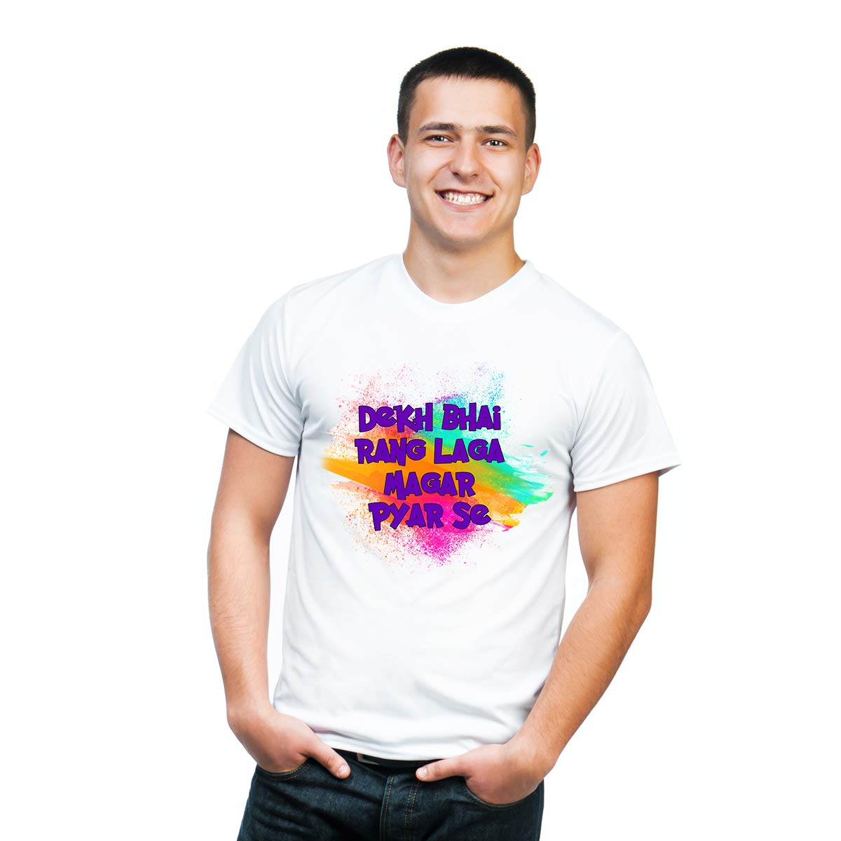 Zebras Holi Rang Laga Magar Pyar Se Holi T-Shirt for Men's | Holi T-Shirt for Boys | White Holi T-Shirt | Holi Dryfit Strechable T-Shirt (Zrb-hol-tee-22-t-006_P)