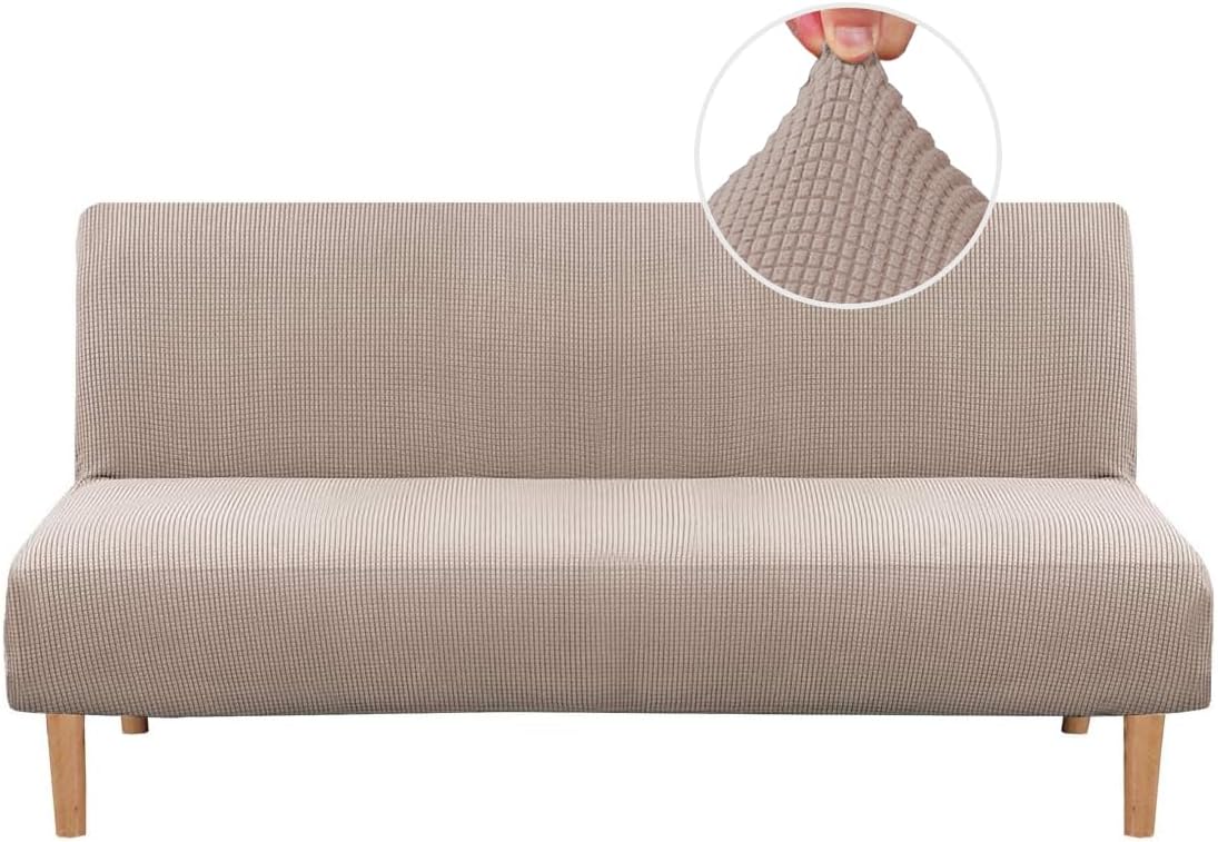 H.VERSAILTEX Armless Futon Cover Stretch Sofa Bed Slipcover Protector Elastic Feature Rich Textured High Spandex Small Checks Jacquard Fabric Futon Cover, Machine Washable, Sand