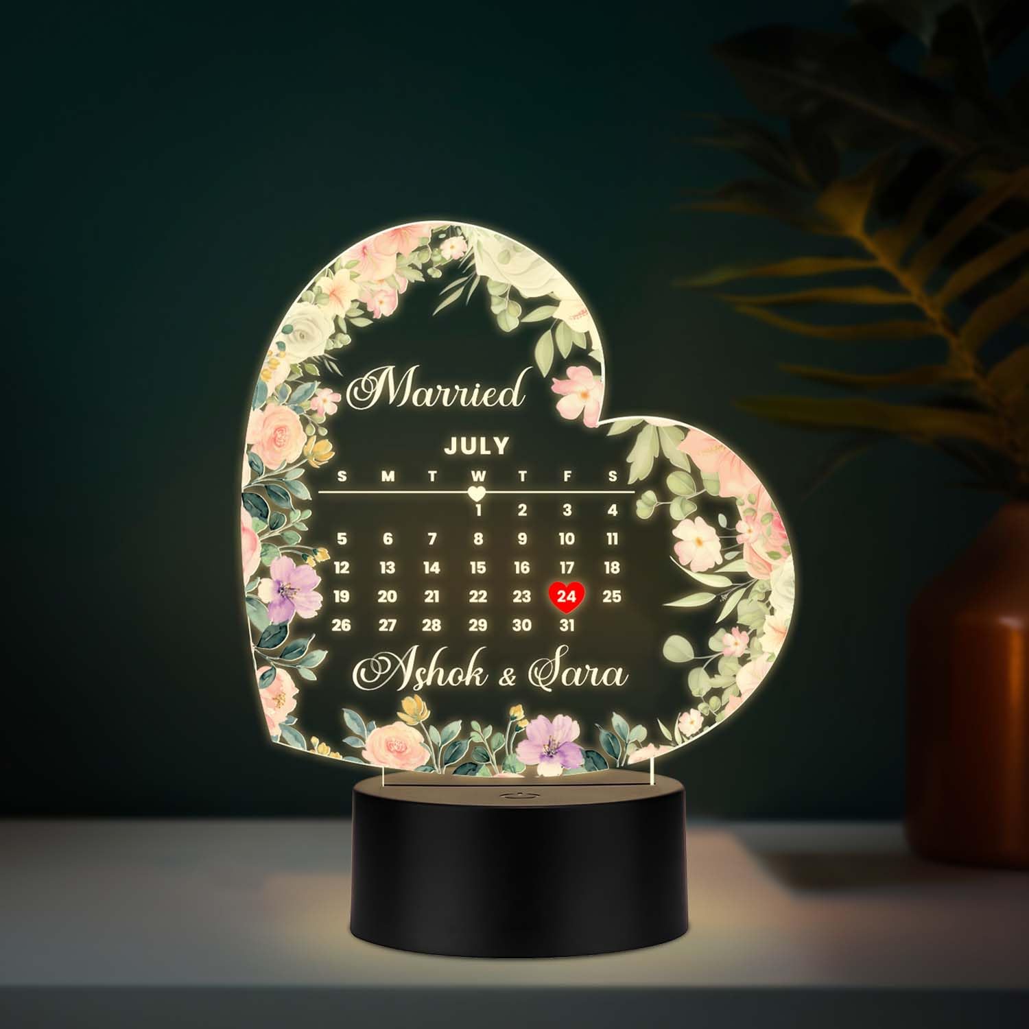 Personalized Heart Shape Wedding LED Lamp | Custom with Names and Marriage Date – Romantic Anniversary & Wedding Gift for Couples, Husband, Wife | Warm White Light with USB Cable-image-44