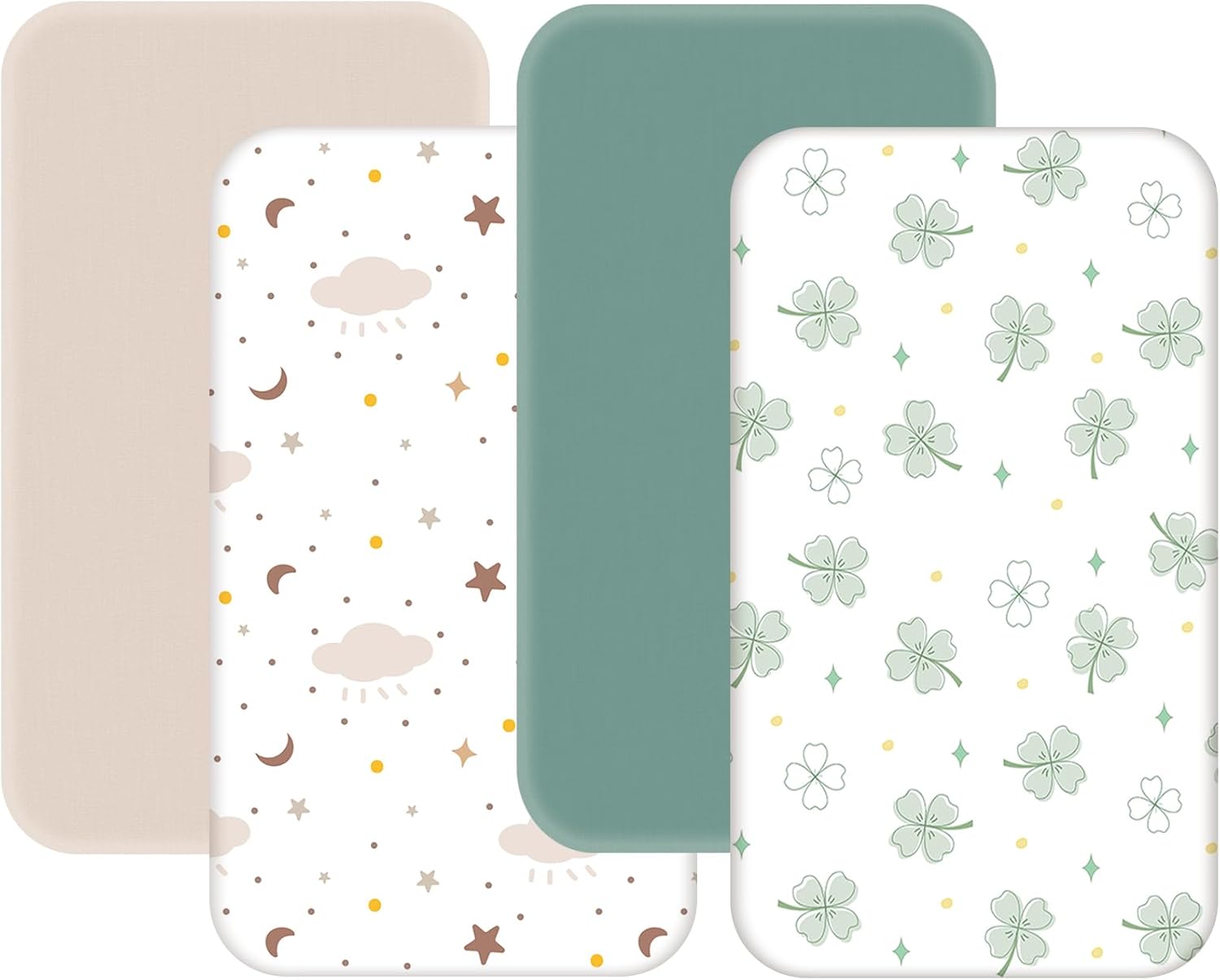4 Pack Mini Crib Sheets Fitted - 38"x26" Pack and Play Sheets for Playard Mattress, Portable Mini Crib | Soft & Skin Friendly Pack N Play Sheets for Boys Girls (Clover & Moon Star)
