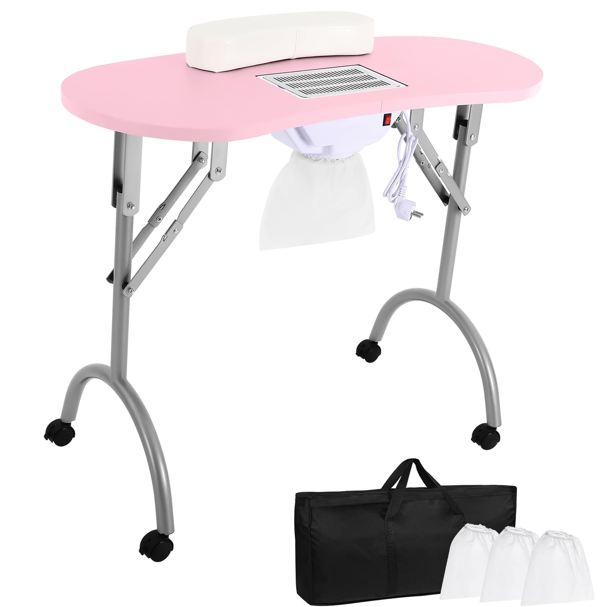 Mesa de uñas con aspiración, 5,5 W, plegable, mesa de manicura con ruedas, aspiradora de uñas móvil con 3 bolsas de aspiradora y bolsa de transporte para salones de uñas, salones de belleza, hogares