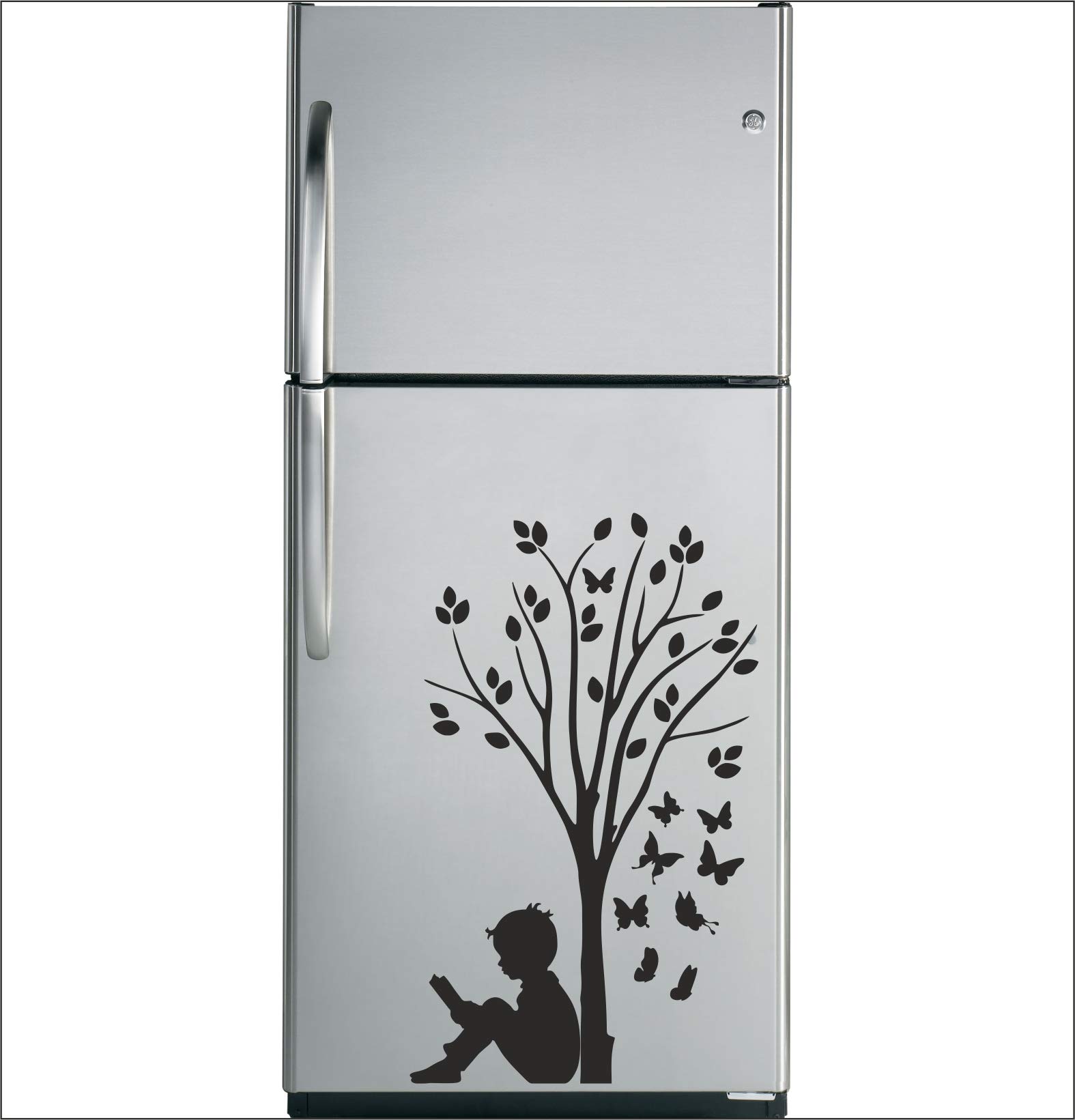 Wall Attraction Boy Under Tree Fridge/Refrigerator Sticker Wall Stickers for Living Room, Bedroom, Office Color- Black (Size - Standard)