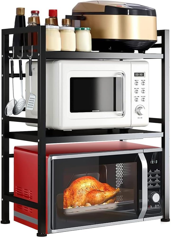 Scaffale Microonde Regolabile 39-64 Cm | Ripiano Cucina Con Ganci | Salvaspazio Per Elettrodomestici