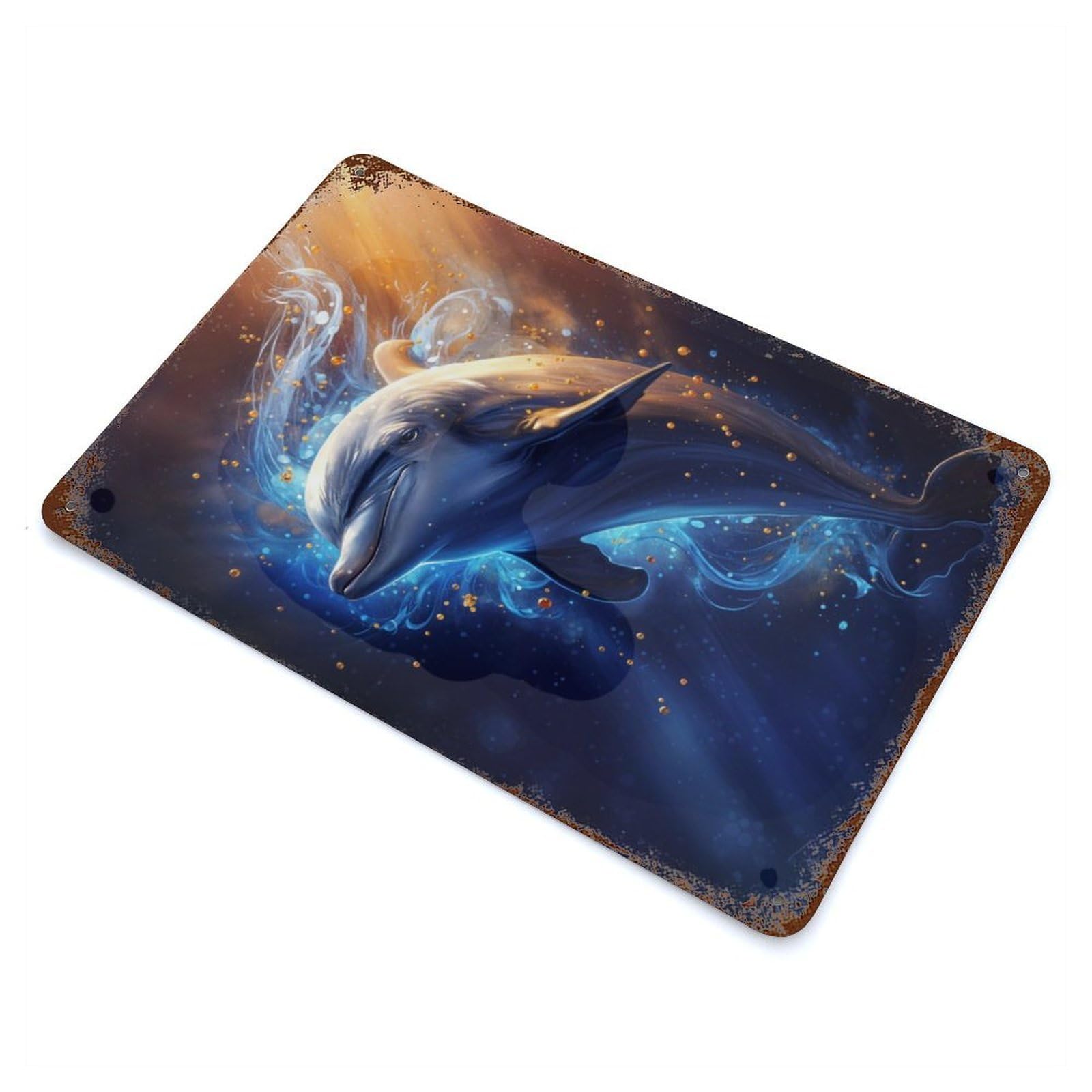 Cosmic Celestial Dolphin Rustic Tin Plaque 11.8"x7.9", Novelty Wall Decor for Garage, Pub Or Kitchen