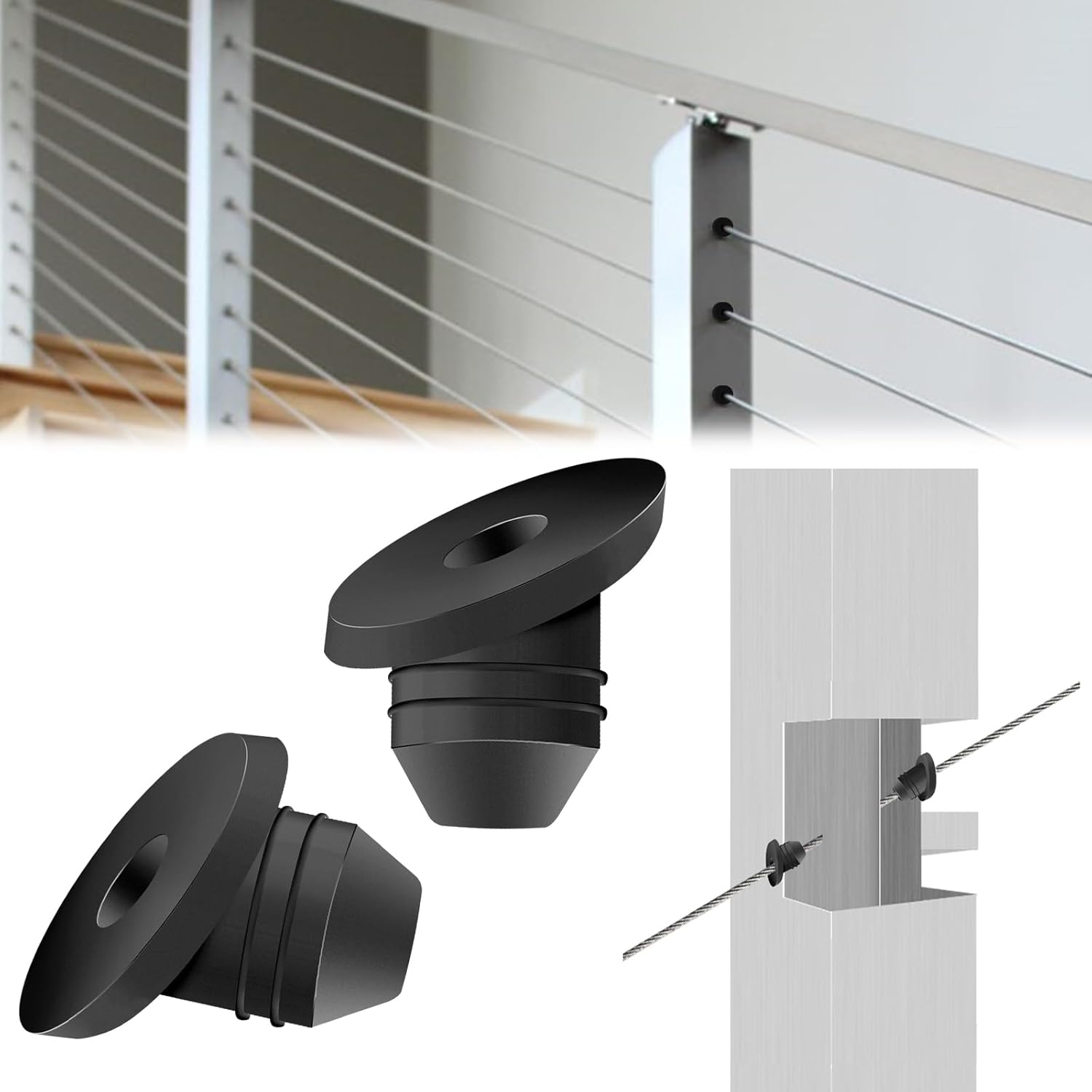 200Pack Cable Railing Rubber Gaommets,Deck Railing Gromemets for 1/8" 5/32" 3/16" Cables,Black Rubber Protector Sleeve for Level Metal Cable Railing Posts