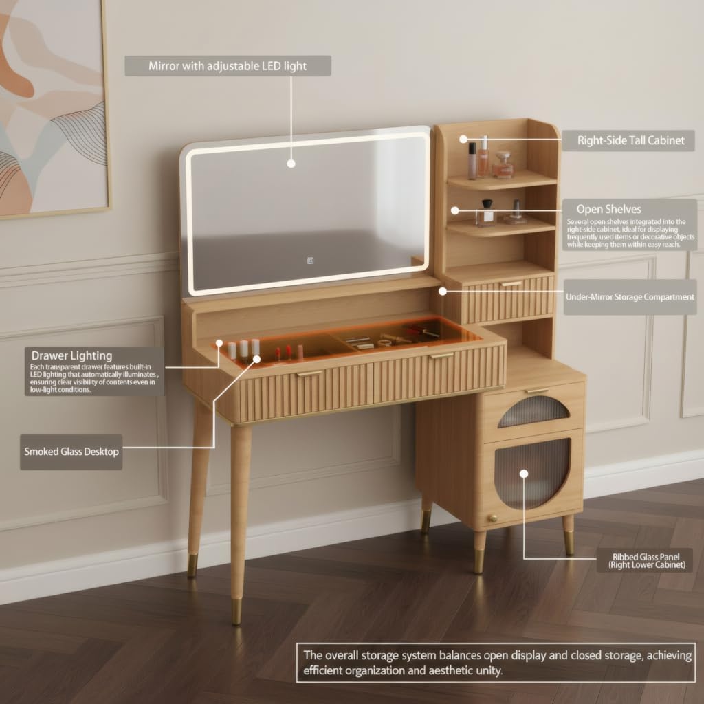 48" Fluted Makeup Vanity Desk with Mirror and Lights, Natural Oak Vanity with Motion Sensor Drawer Lights & Charging Station, Wood Vanity Desk with Cabinet 5 Drawers (Natural Oak - Open Shelf)