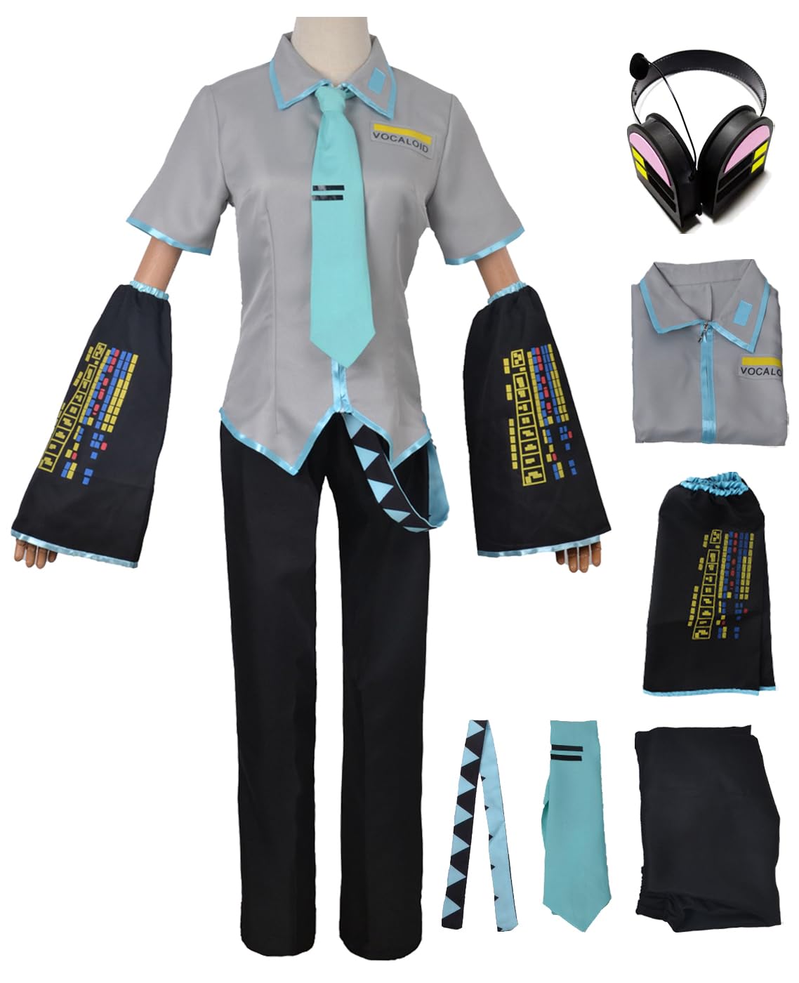 LOBTY Male Miku Cosplay Costume Set Men's Virtual Idol Miku Uniform Anime Outfits Christmas Halloween Carnival Party Performance Fancy Dress Adults XS-3XL